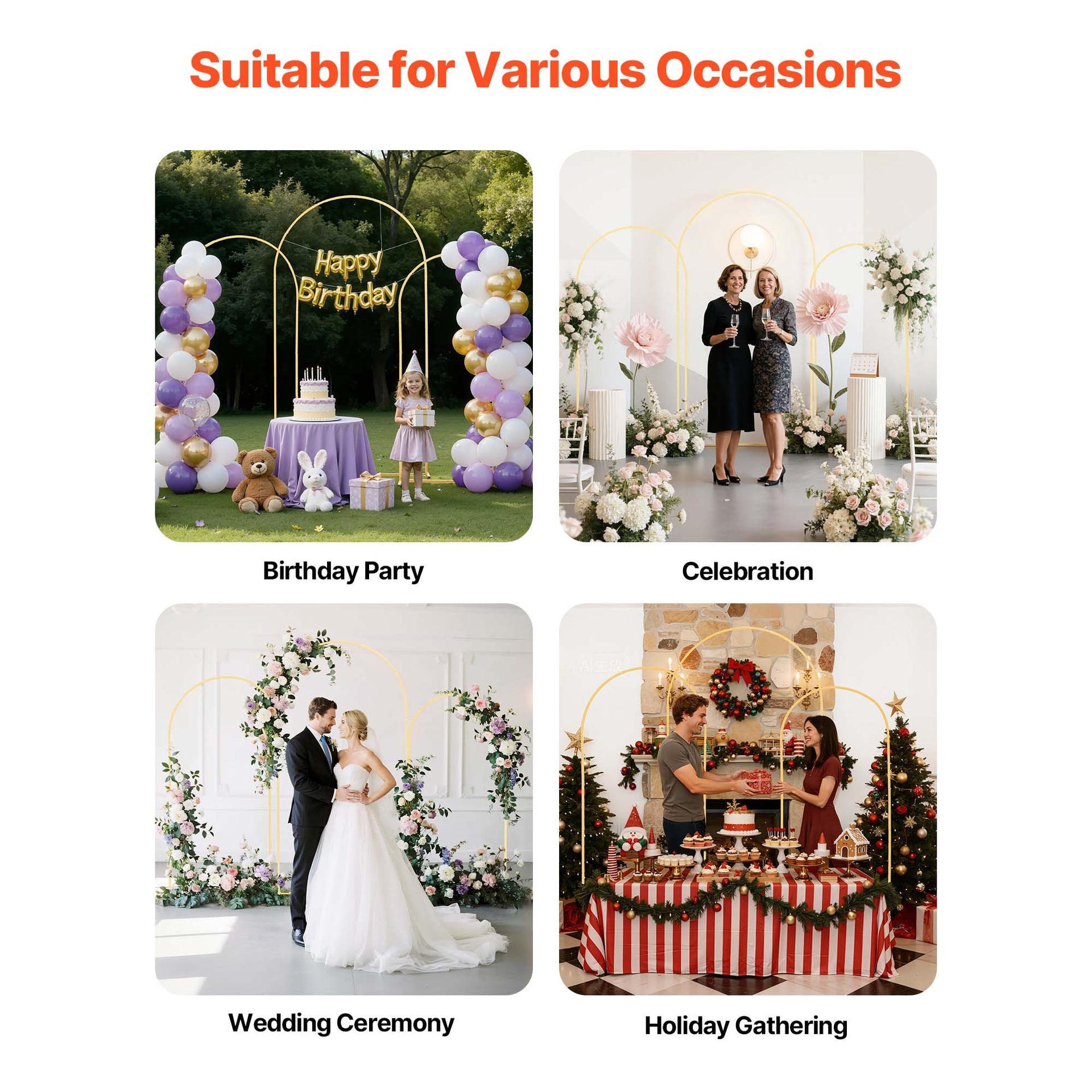Arch Backdrop Stand, Set of 3, 7.2/6.6/6 ft, Stable Structure, Easy Assembly, Gold Metal Arch Backdrop Stand for Wedding, Birthday Party, Graduation, Holiday Celebration, and Ceremony Decoration