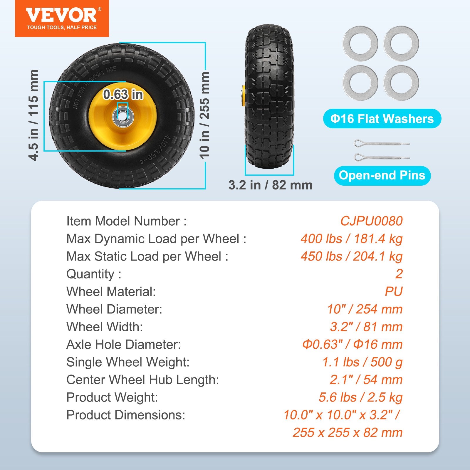 Solid PU Run-Flat Tire Wheel, 10", 2-Pack, 400 lbs Dynamic Load, 450 lbs Static Load, Flat Free Tubeless Tires and Wheels for Hand Truck, Utility Cart, Dollies, Garden Trailers, Various Carts
