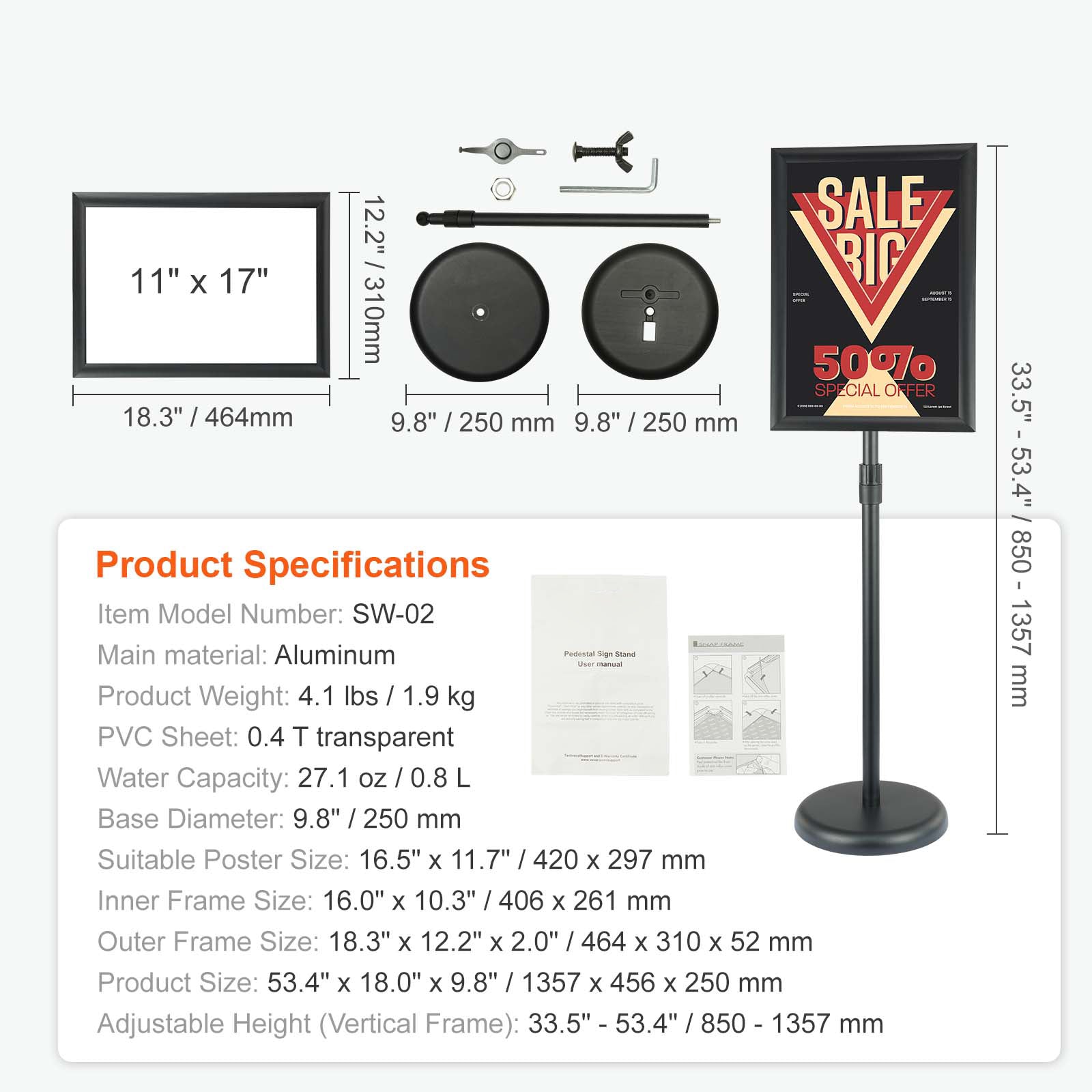 Pedestal Sign Holder, 11 x 17 Inch Vertical and Horizontal Adjustable Poster Stand, Heavy-Duty Floor Standing Sign Holder with Round Base for Display, Advertisement, and Outdoor, Black