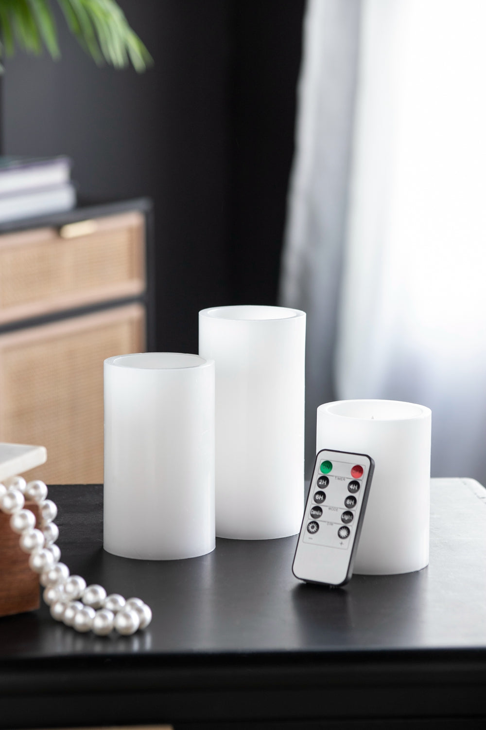 Set of 3 White LED Candles with Remote Timer, L:D3X6" M:D3X5" S:D3X4"