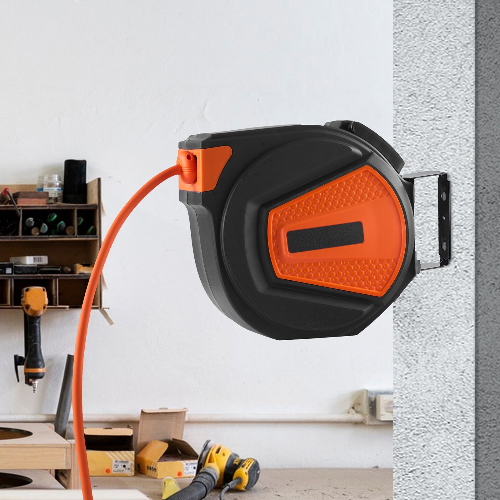 Retractable Air Hose Reel, 3/8 IN x 50 FT Hybrid Air Hose Max 300PSI, Air Compressor Hose Reel with 5 ft Lead in, Ceiling / Wall Mount Enclosed Air Reel, 180° Swivel Mount