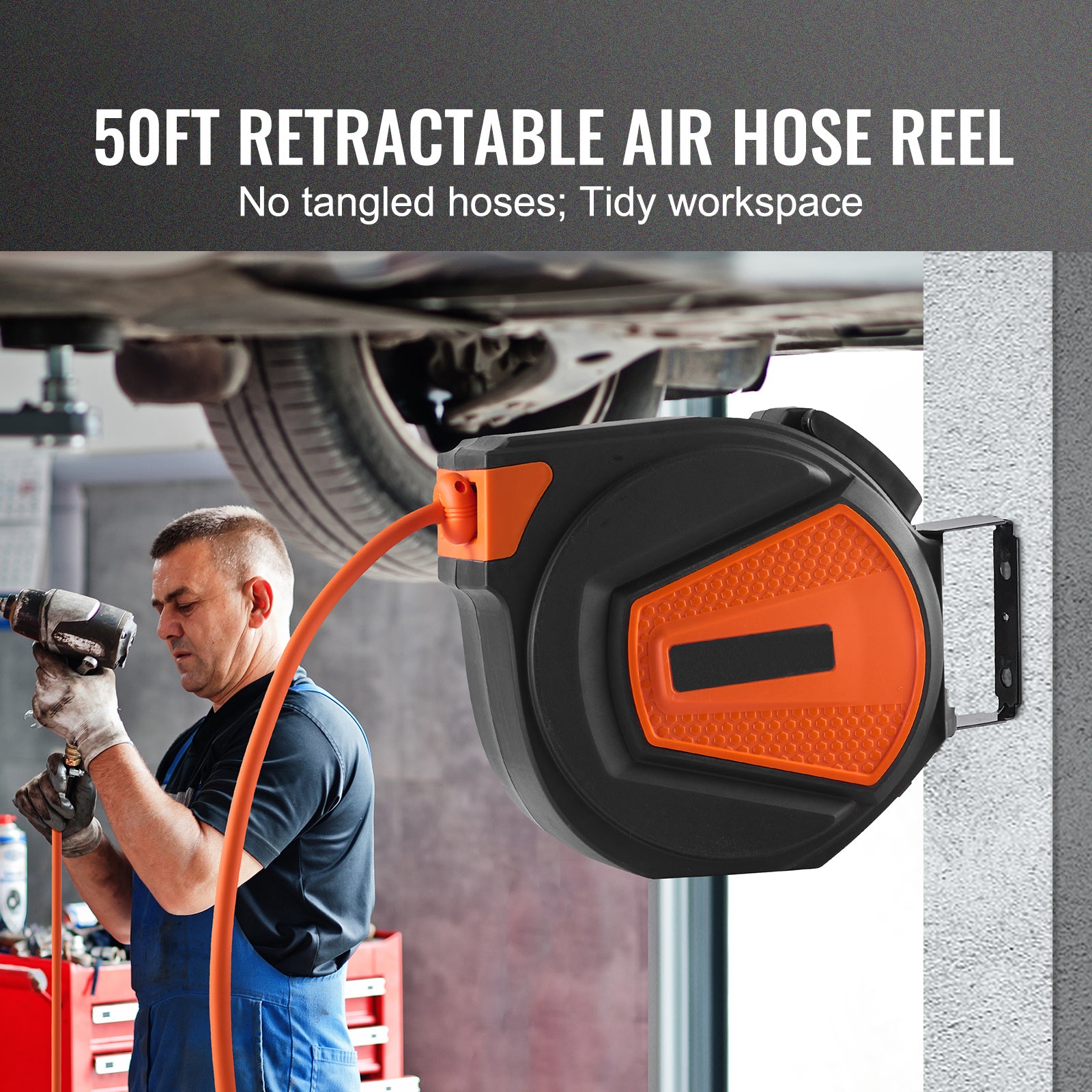 Retractable Air Hose Reel, 3/8 IN x 50 FT Hybrid Air Hose Max 300PSI, Air Compressor Hose Reel with 5 ft Lead in, Ceiling / Wall Mount Enclosed Air Reel, 180° Swivel Mount