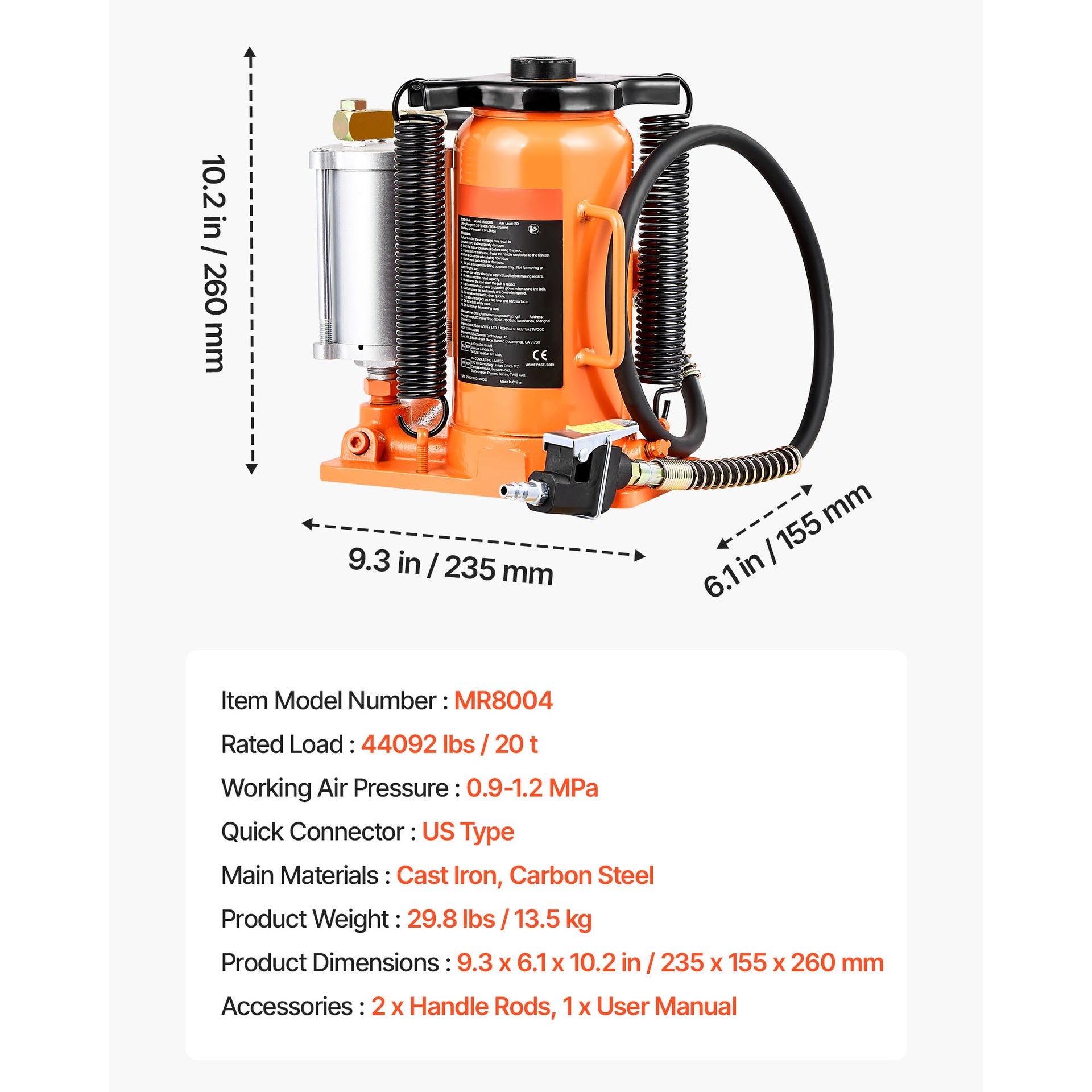 Air Hydraulic Bottle Jack, 20 Ton (44092 lbs) Capacity, 10.2-19.5 Inch Lifting Range, Pneumatic/Manual Heavy Duty Welded Bottle Jack with Pump for Car, SUV, Pickup, Truck, RV Auto Repair, Orange