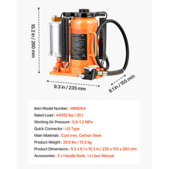 Air Hydraulic Bottle Jack, 20 Ton (44092 lbs) Capacity, 10.2-19.5 Inch Lifting Range, Pneumatic/Manual Heavy Duty Welded Bottle Jack with Pump for Car, SUV, Pickup, Truck, RV Auto Repair, Orange