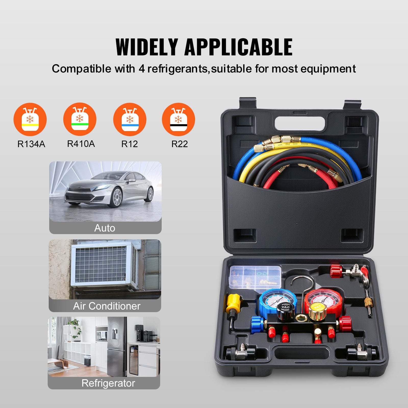 4 Way AC Gauge - AC Manifold Gauge Set for R134A R22 R12 R410A Refrigerant, Freon Gauges with 5ft Hoses, Couplers, Can Tap Works on Car Auto Freon Charging and Evacuation