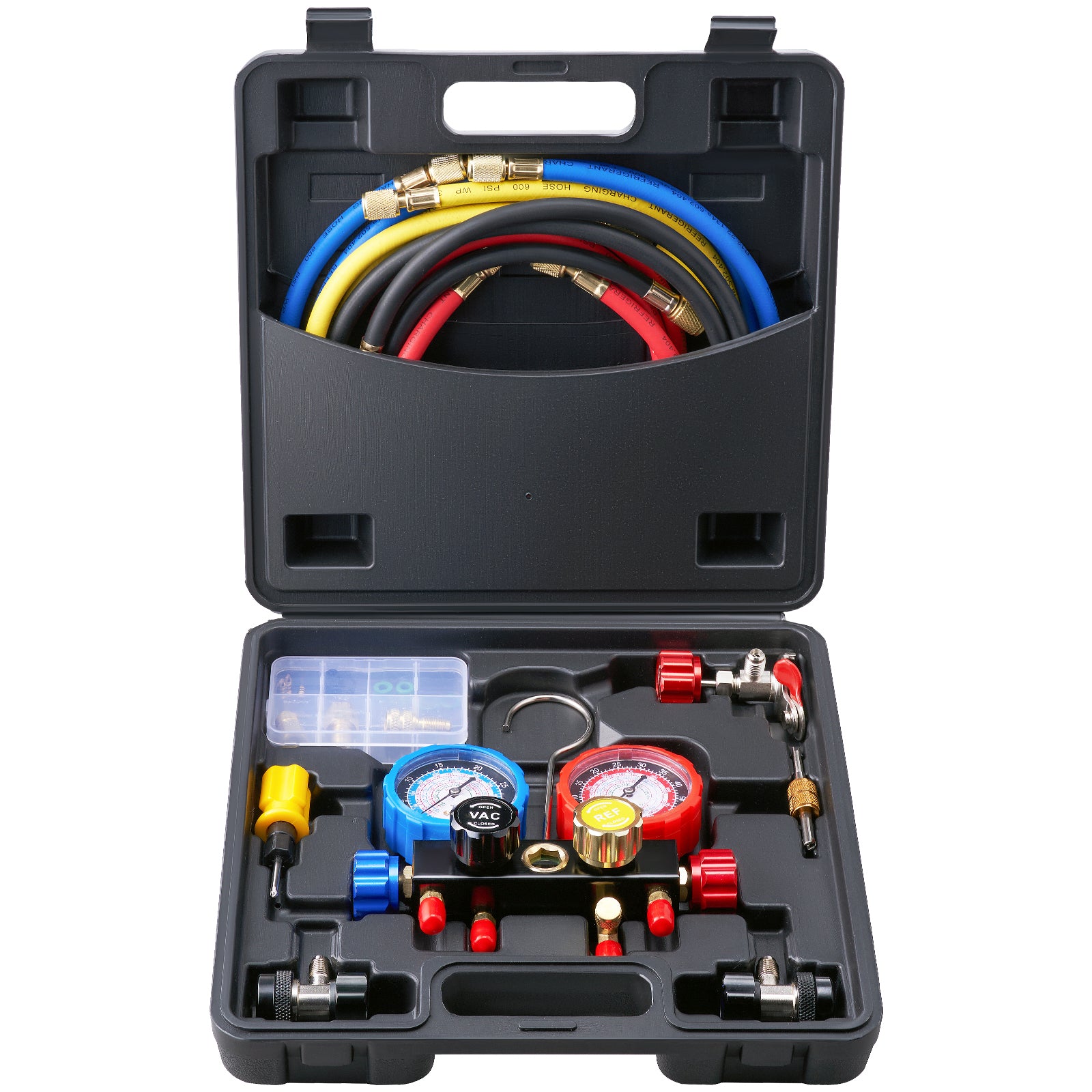 4 Way AC Gauge - AC Manifold Gauge Set for R134A R22 R12 R410A Refrigerant, Freon Gauges with 5ft Hoses, Couplers, Can Tap Works on Car Auto Freon Charging and Evacuation