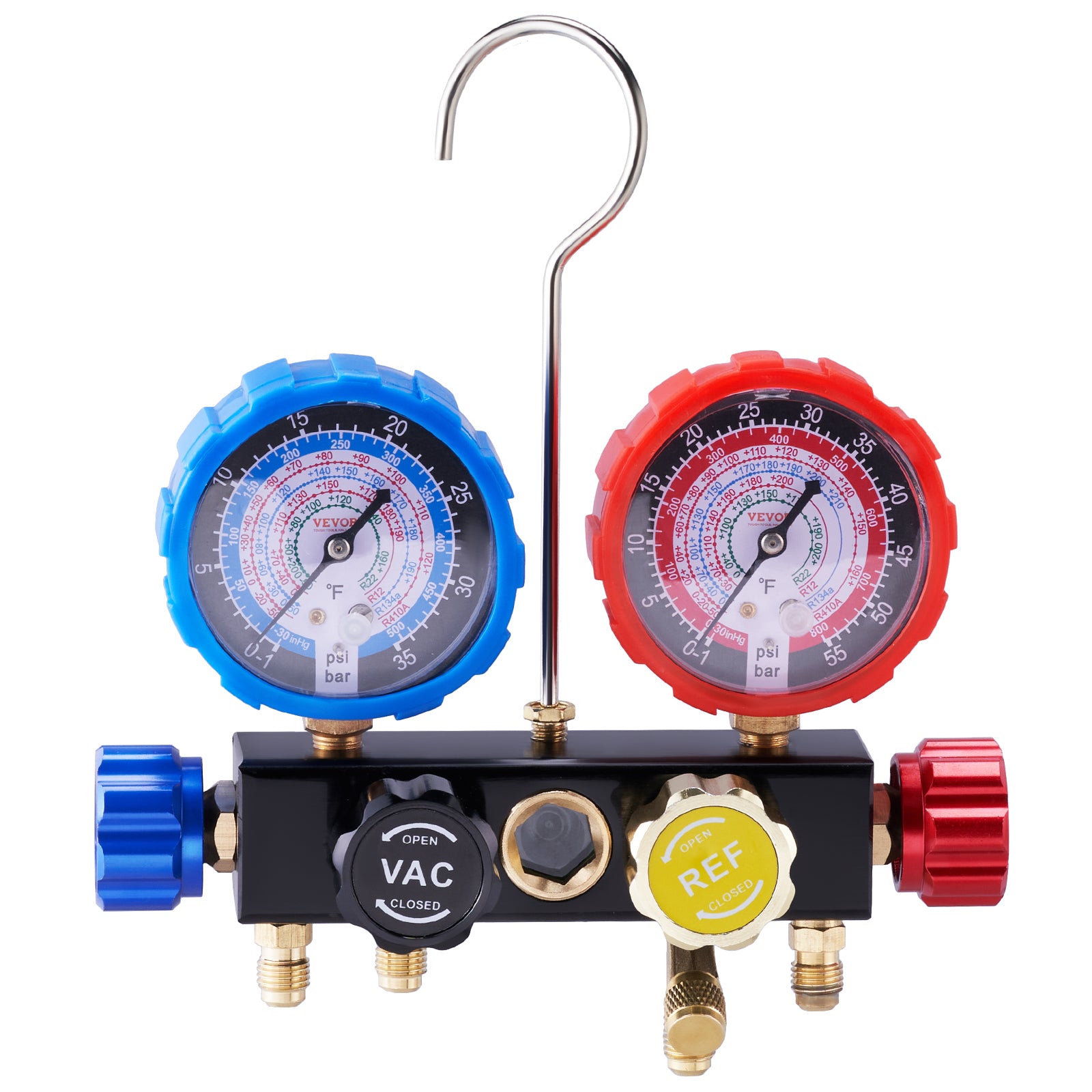 4 Way AC Gauge - AC Manifold Gauge Set for R134A R22 R12 R410A Refrigerant, Freon Gauges with 5ft Hoses, Couplers, Can Tap Works on Car Auto Freon Charging and Evacuation