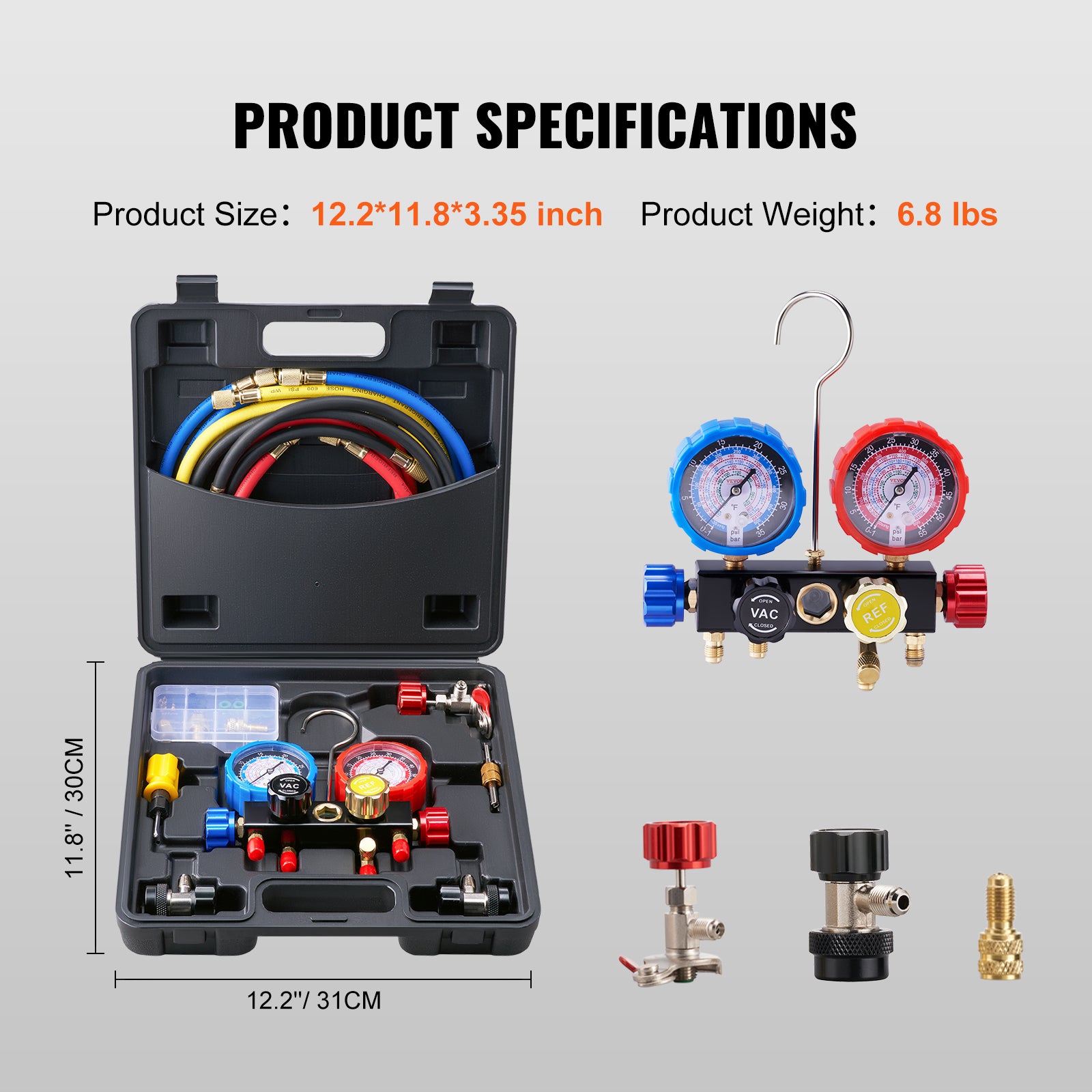 4 Way AC Gauge - AC Manifold Gauge Set for R134A R22 R12 R410A Refrigerant, Freon Gauges with 5ft Hoses, Couplers, Can Tap Works on Car Auto Freon Charging and Evacuation