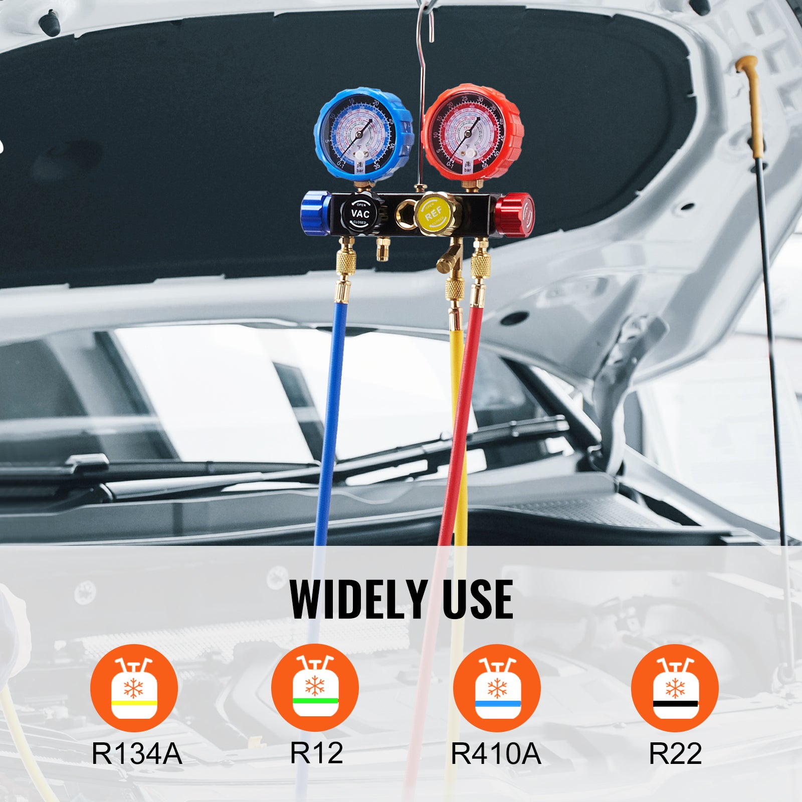 4 Way AC Gauge - AC Manifold Gauge Set for R134A R22 R12 R410A Refrigerant, Freon Gauges with 5ft Hoses, Couplers, Can Tap Works on Car Auto Freon Charging and Evacuation