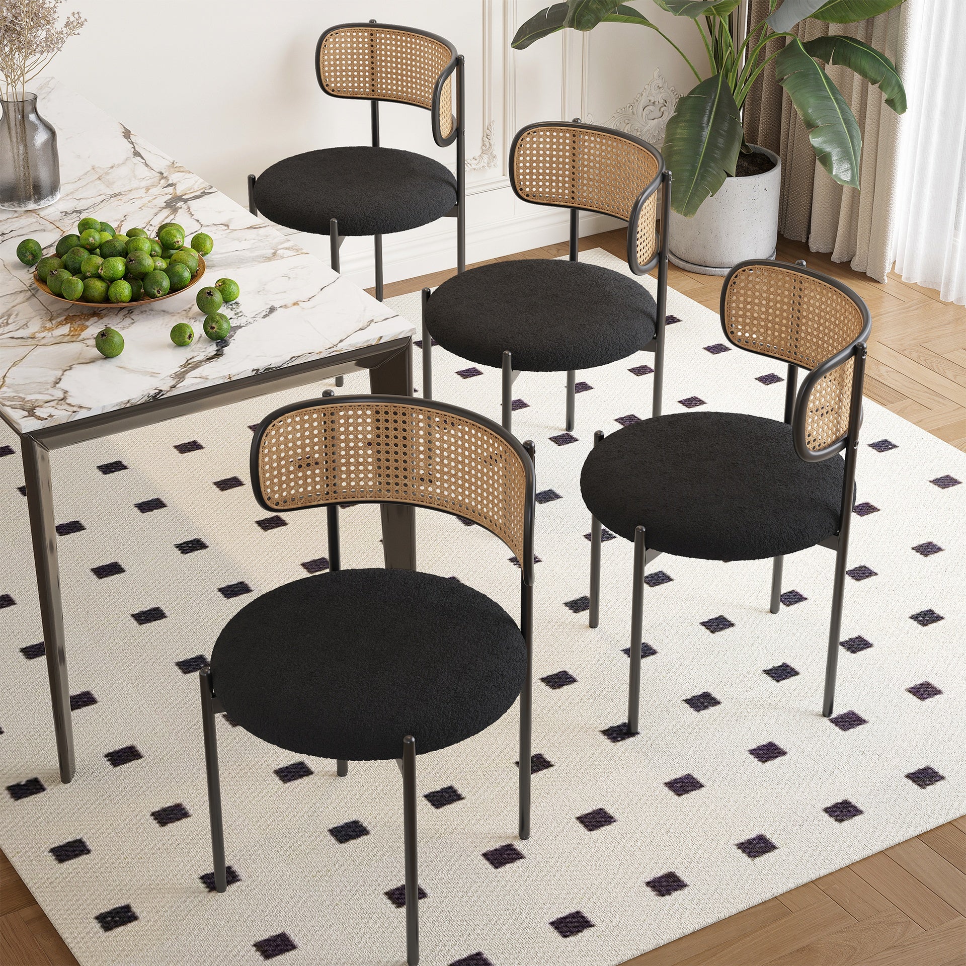Modern Upholstered Dining Chairs Set of 2,Rattan Back Dining Room Chairs,Accent Kitchen Chairs with Metal Legs