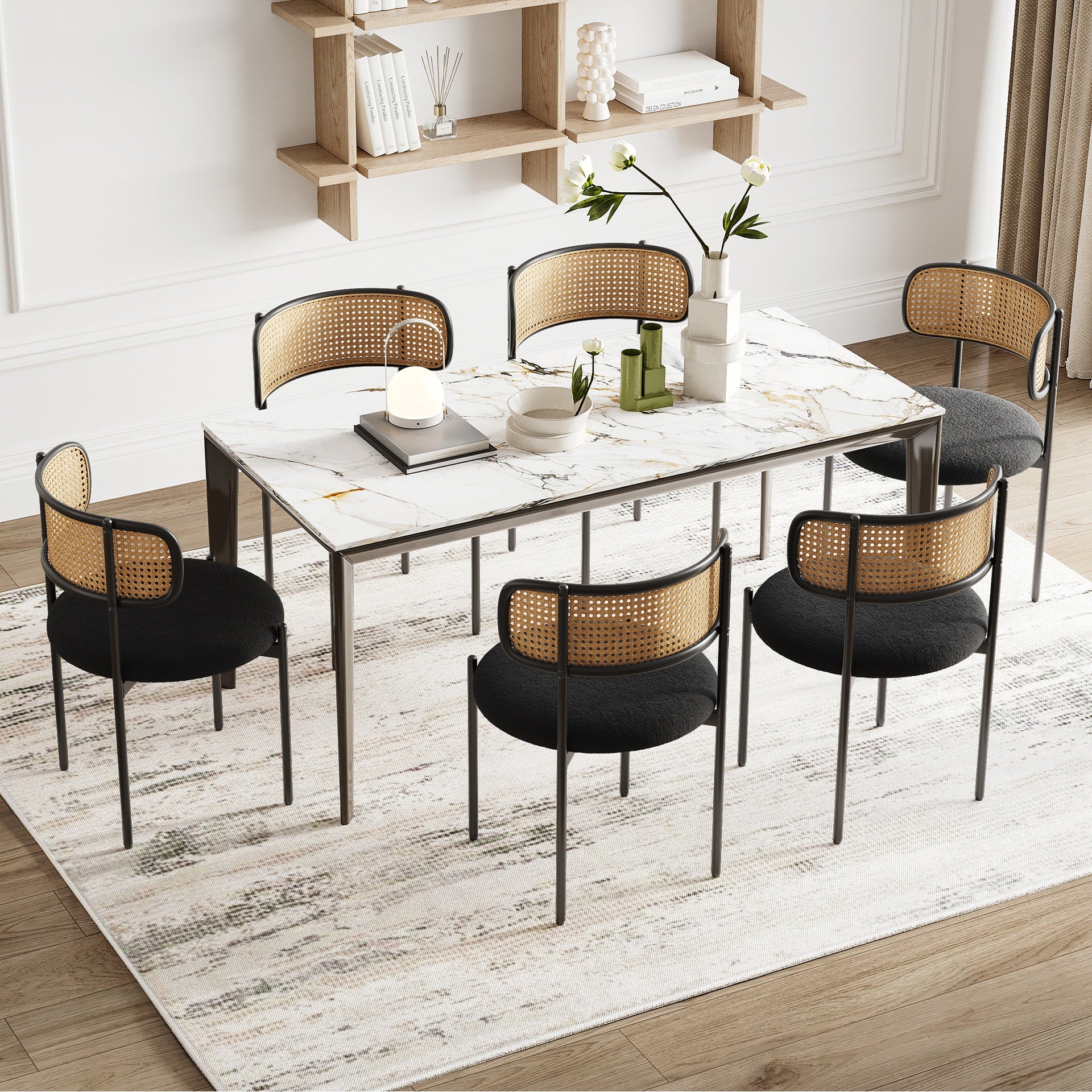 Modern Upholstered Dining Chairs Set of 2,Rattan Back Dining Room Chairs,Accent Kitchen Chairs with Metal Legs