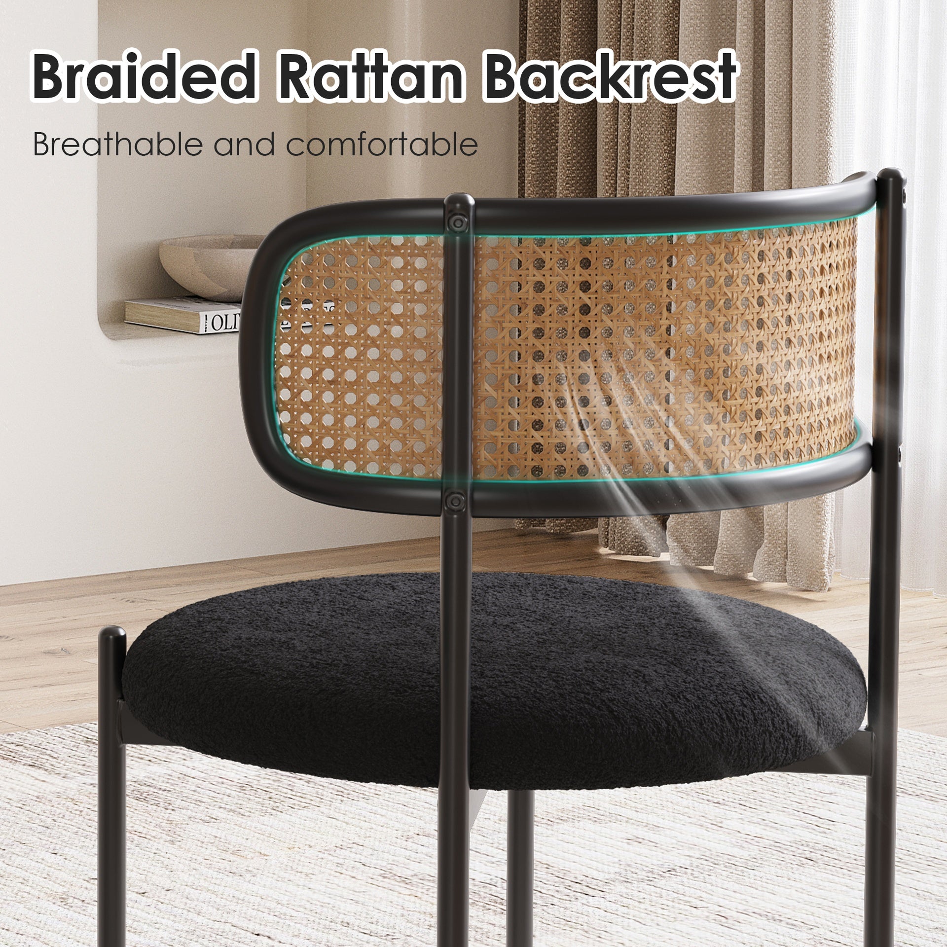 Modern Upholstered Dining Chairs Set of 2,Rattan Back Dining Room Chairs,Accent Kitchen Chairs with Metal Legs
