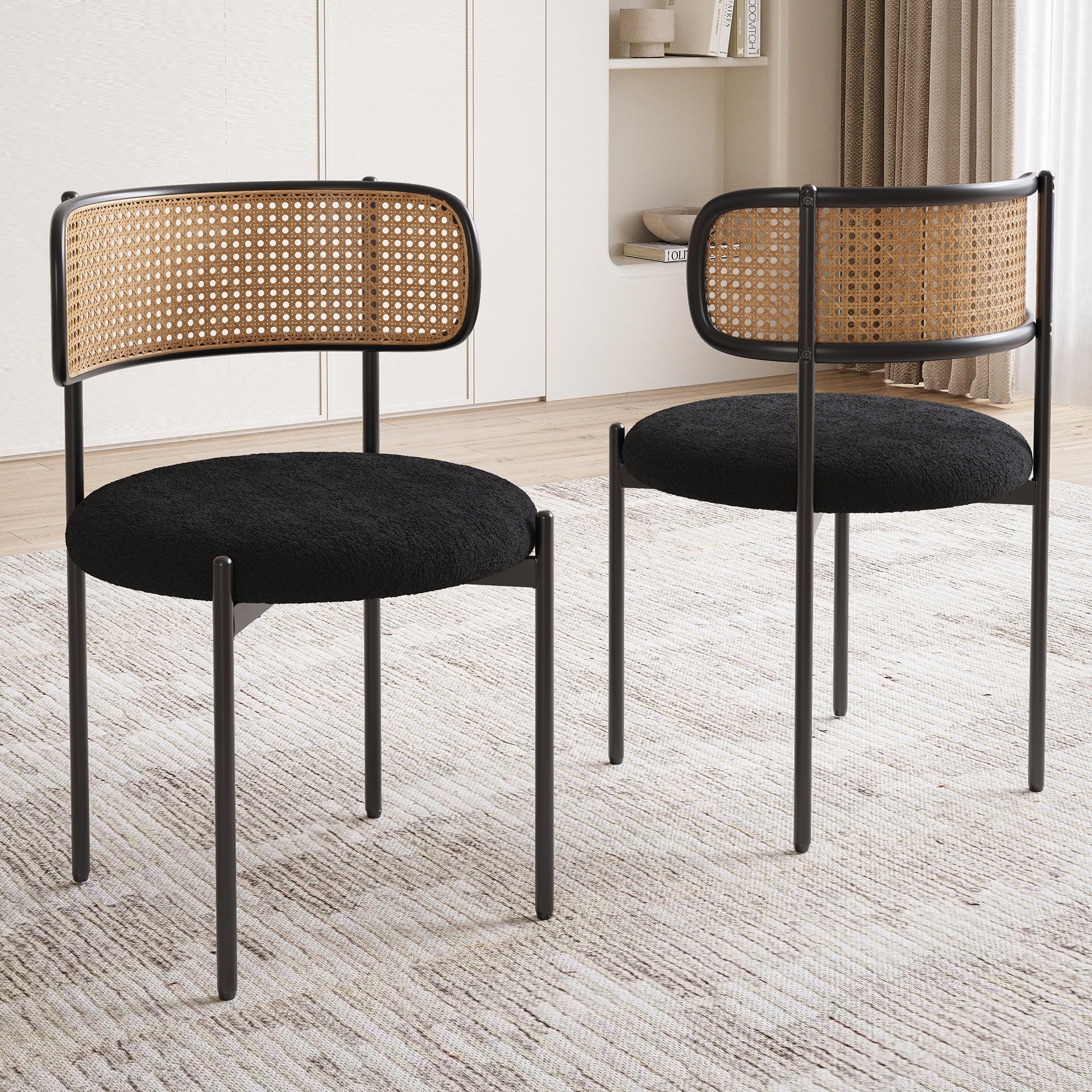Modern Upholstered Dining Chairs Set of 2,Rattan Back Dining Room Chairs,Accent Kitchen Chairs with Metal Legs