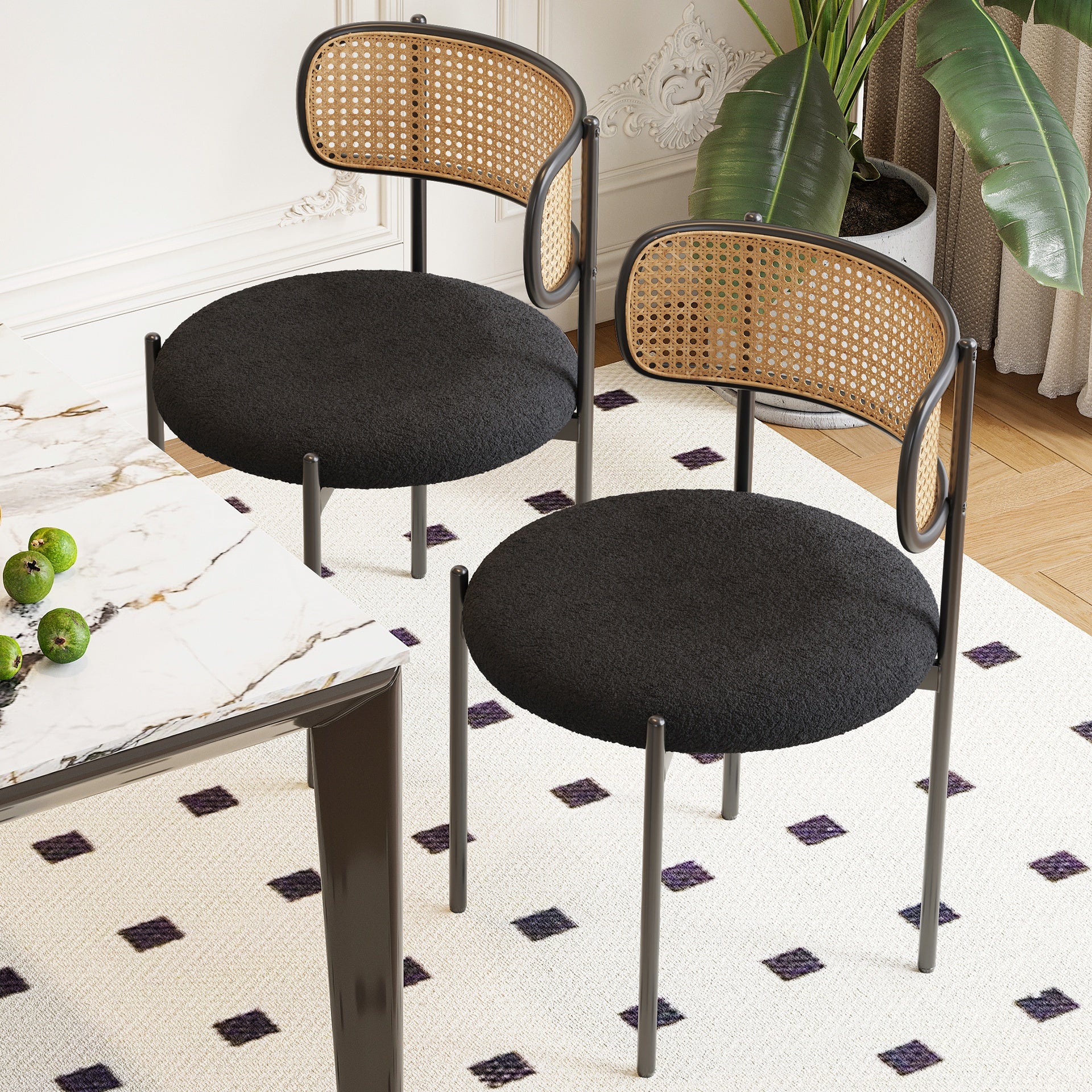Modern Upholstered Dining Chairs Set of 2,Rattan Back Dining Room Chairs,Accent Kitchen Chairs with Metal Legs