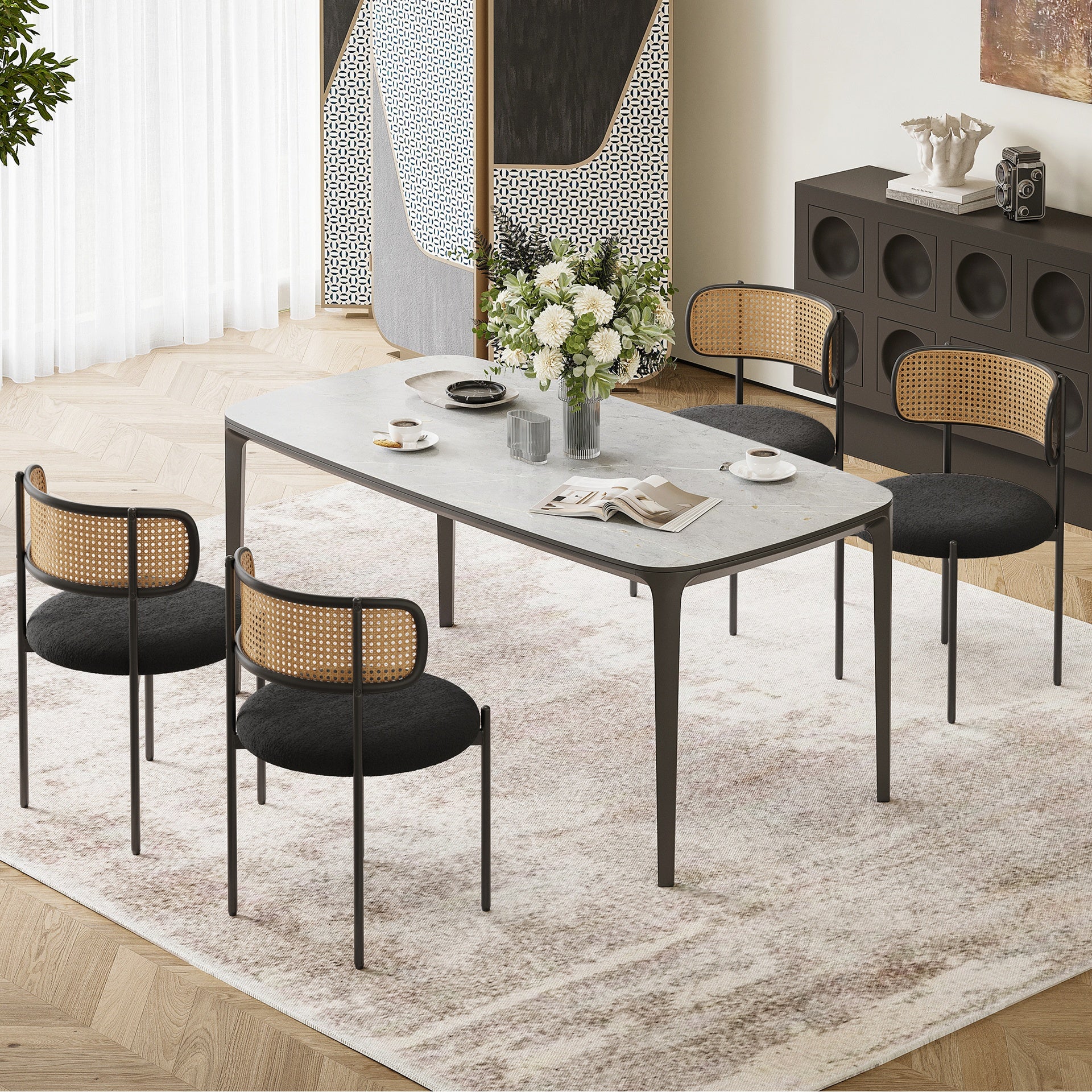 Modern Upholstered Dining Chairs Set of 2,Rattan Back Dining Room Chairs,Accent Kitchen Chairs with Metal Legs