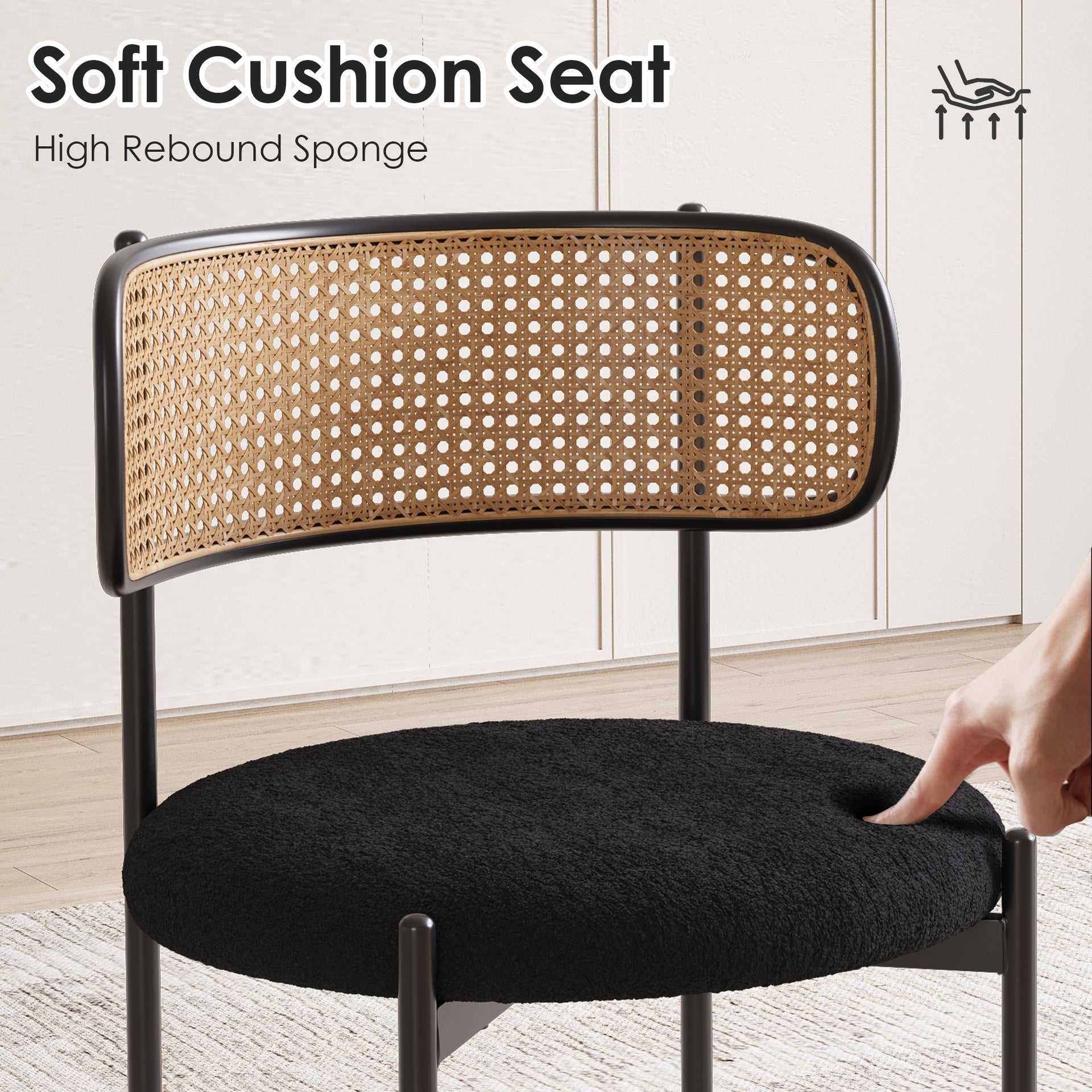 Modern Upholstered Dining Chairs Set of 2,Rattan Back Dining Room Chairs,Accent Kitchen Chairs with Metal Legs