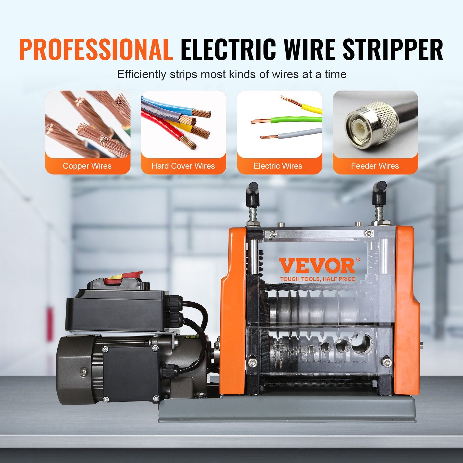 Automatic Wire Stripping Machine, 0.06''-0.98'' Electric Motorized Cable Stripper, 60 W, Wire Peeler with Visible Stripping Depth Reference, 6 Round & 1 Flat Channels for Scrap Copper Recycling