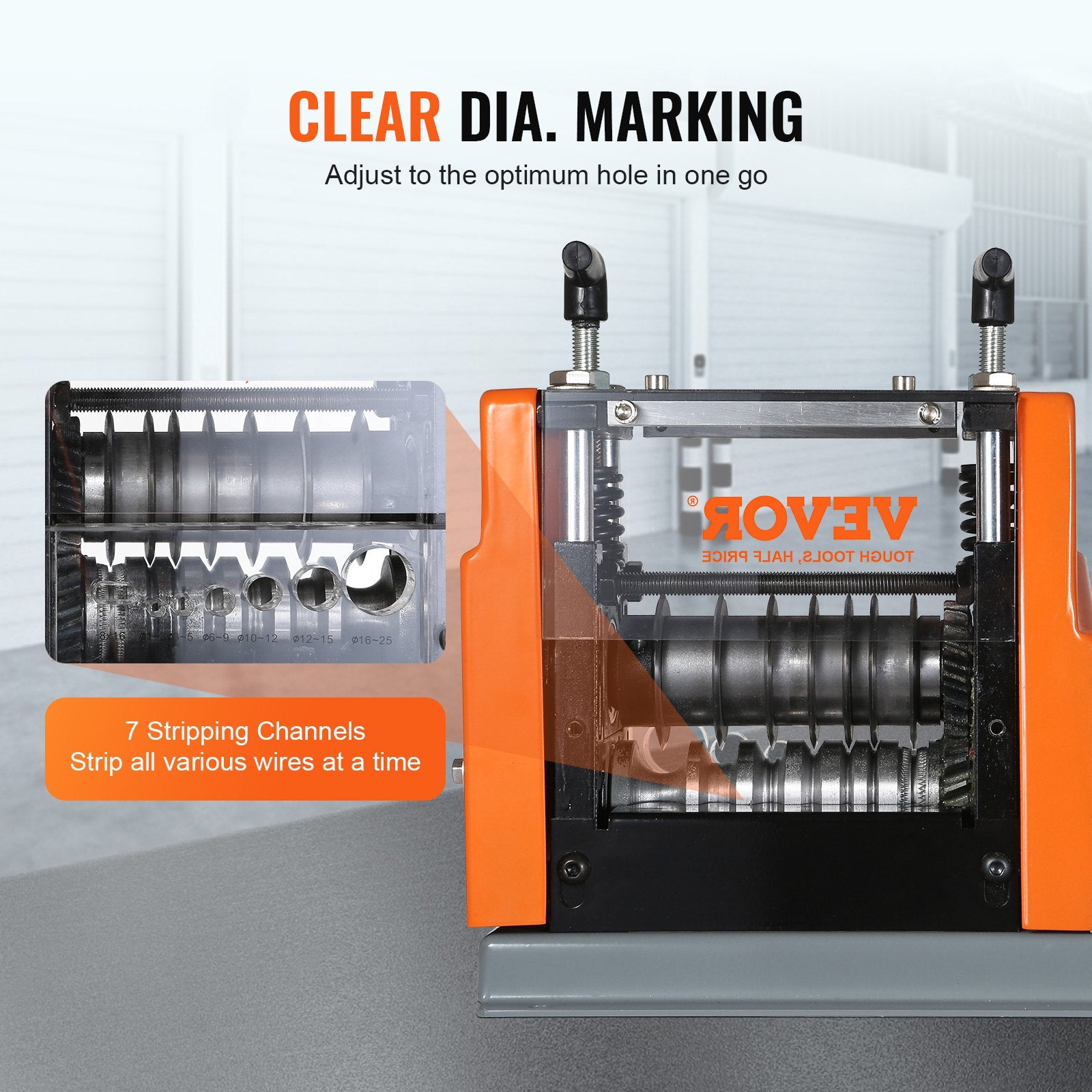 Automatic Wire Stripping Machine, 0.06''-0.98'' Electric Motorized Cable Stripper, 60 W, Wire Peeler with Visible Stripping Depth Reference, 6 Round & 1 Flat Channels for Scrap Copper Recycling