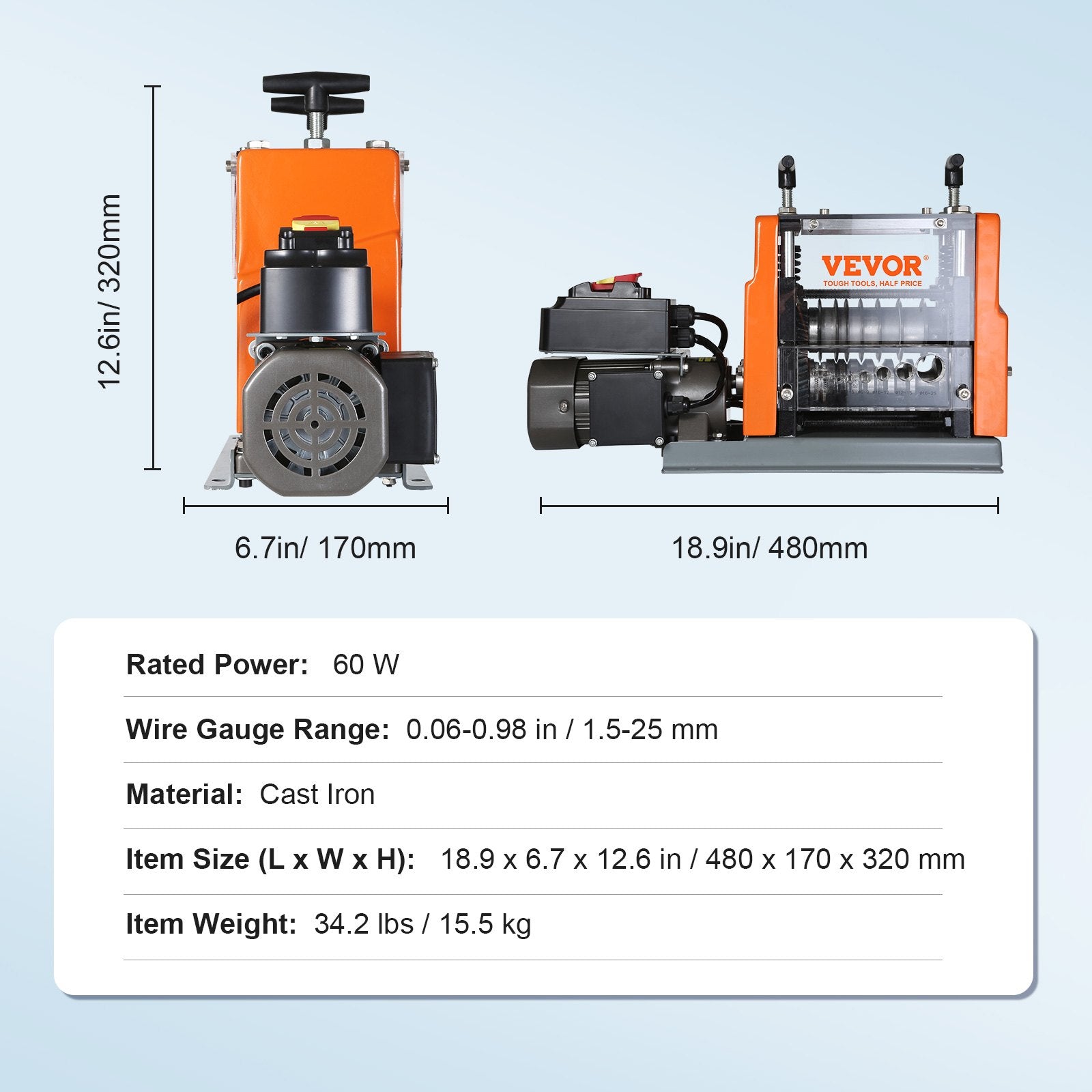 Automatic Wire Stripping Machine, 0.06''-0.98'' Electric Motorized Cable Stripper, 60 W, Wire Peeler with Visible Stripping Depth Reference, 6 Round & 1 Flat Channels for Scrap Copper Recycling