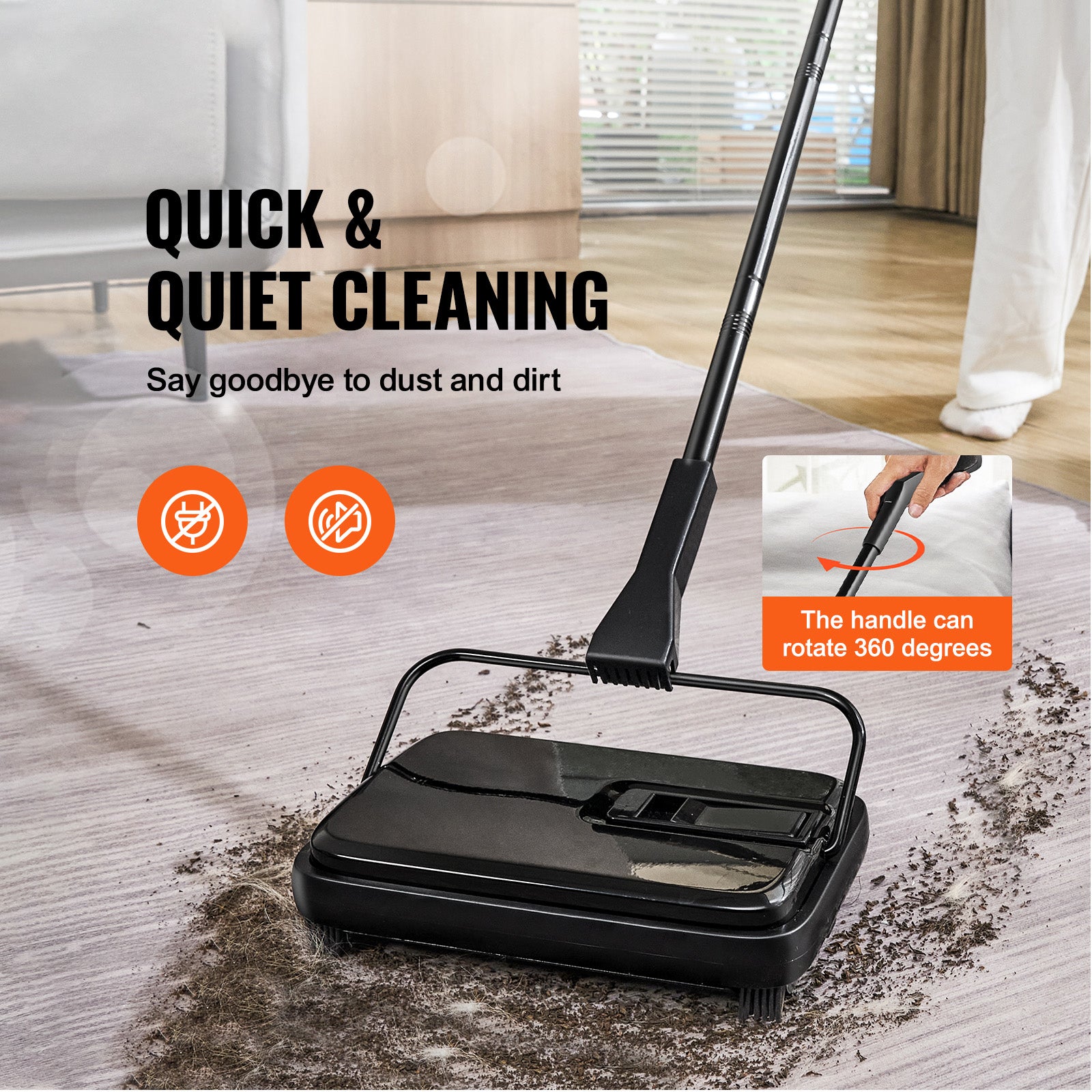 Carpet Sweeper, 7.87 in Sweeping Paths, Floor Sweeper Manual Non Electric, 300 ml Dustbin Capacity with Comb for Home Office Rugs Hardwood Surfaces Wood Floors Laminate, Cleans Dust Pet Hair