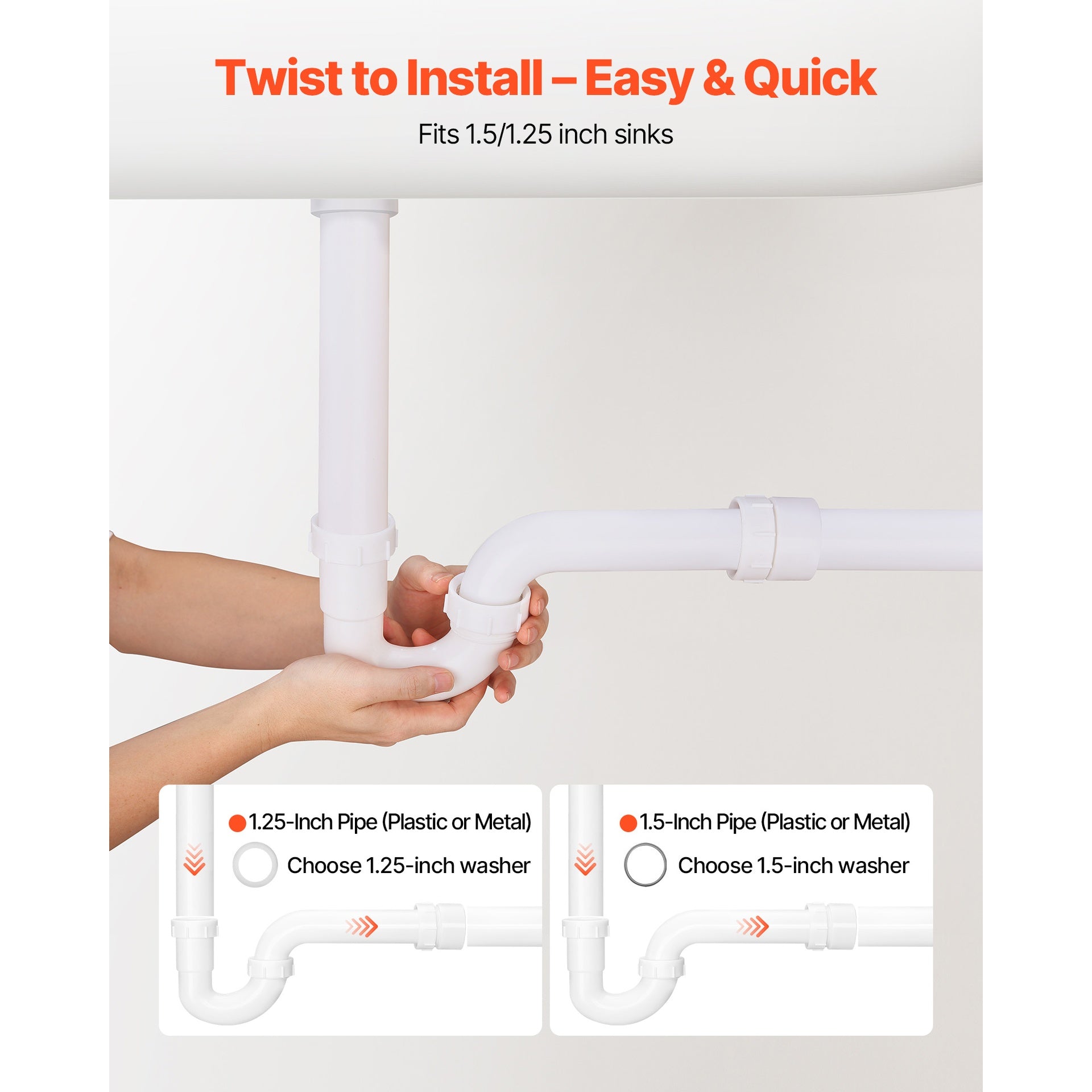 P-Trap, 1-1/2 Inch P Trap Sink Drain Pipe Kit with Threaded Adapter and TPU Leak-Resistant Washers, PP Plastic Pipe Basin Waste Kit, Under Sink Plumbing for Kitchen Bathroom Sewer Drain, White