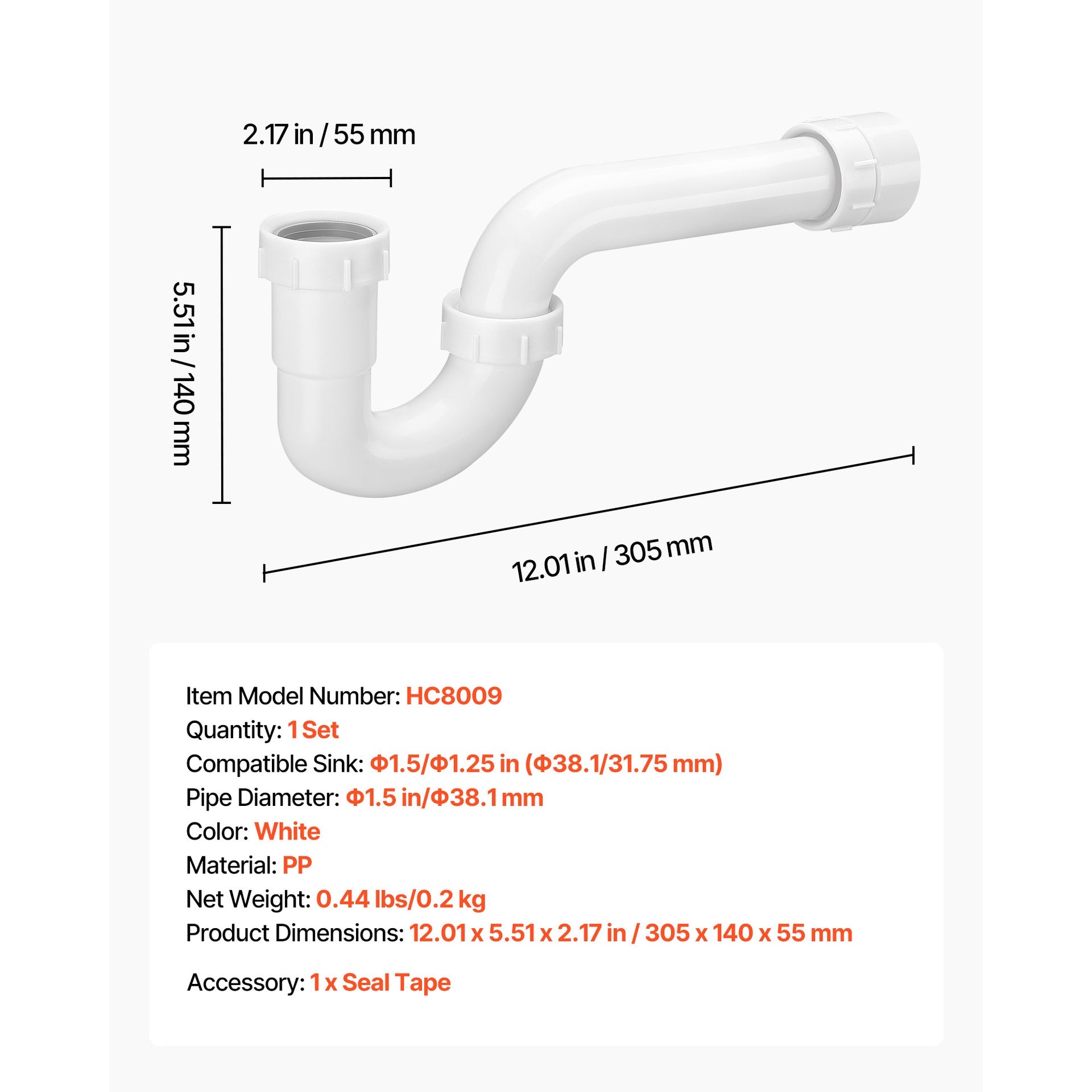 P-Trap, 1-1/2 Inch P Trap Sink Drain Pipe Kit with Threaded Adapter and TPU Leak-Resistant Washers, PP Plastic Pipe Basin Waste Kit, Under Sink Plumbing for Kitchen Bathroom Sewer Drain, White
