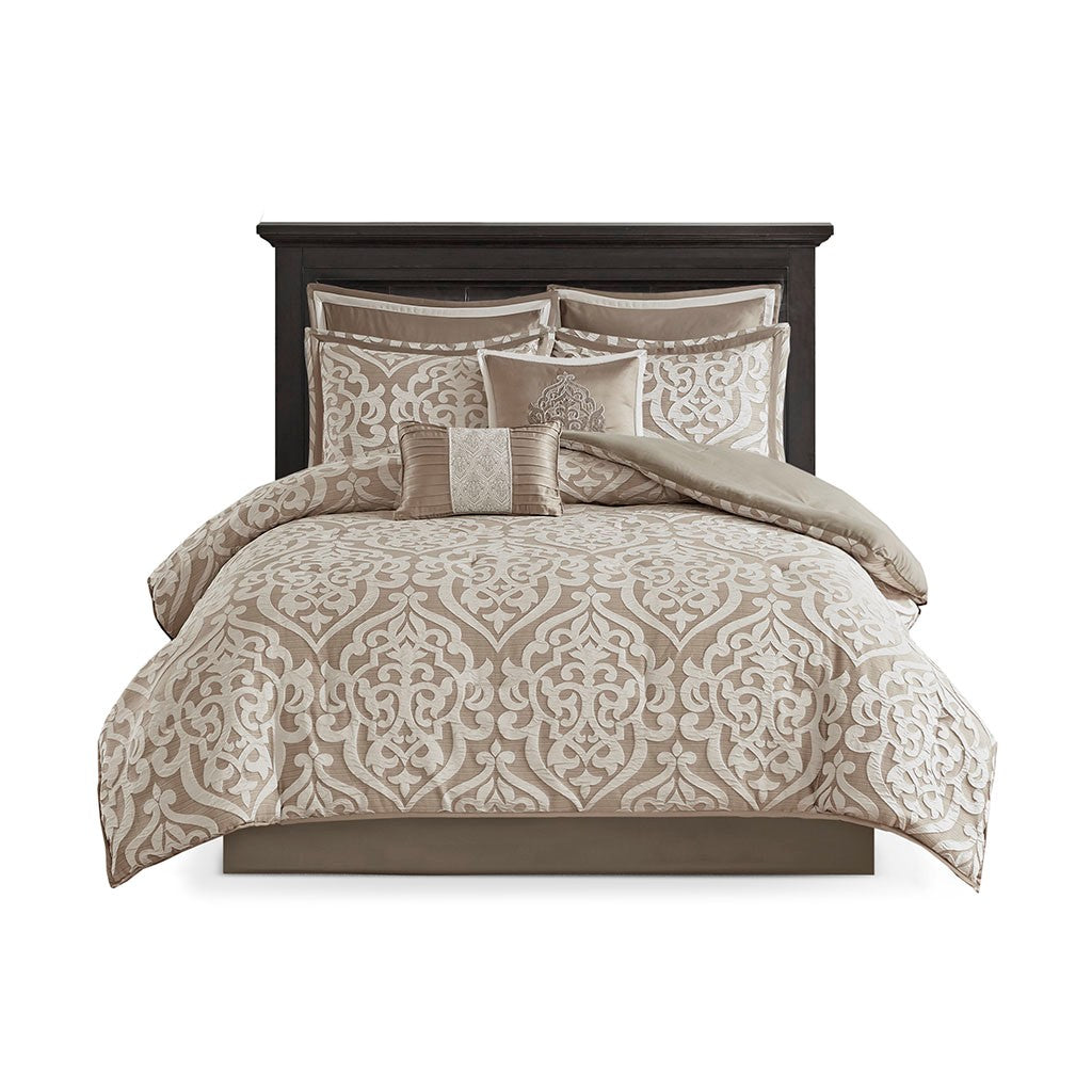 8 Piece Jacquard Comforter Set Tan/Ivory King