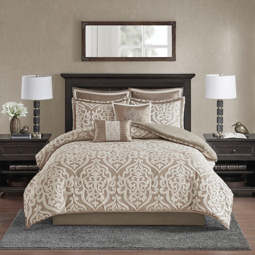 8 Piece Jacquard Comforter Set Tan/Ivory King