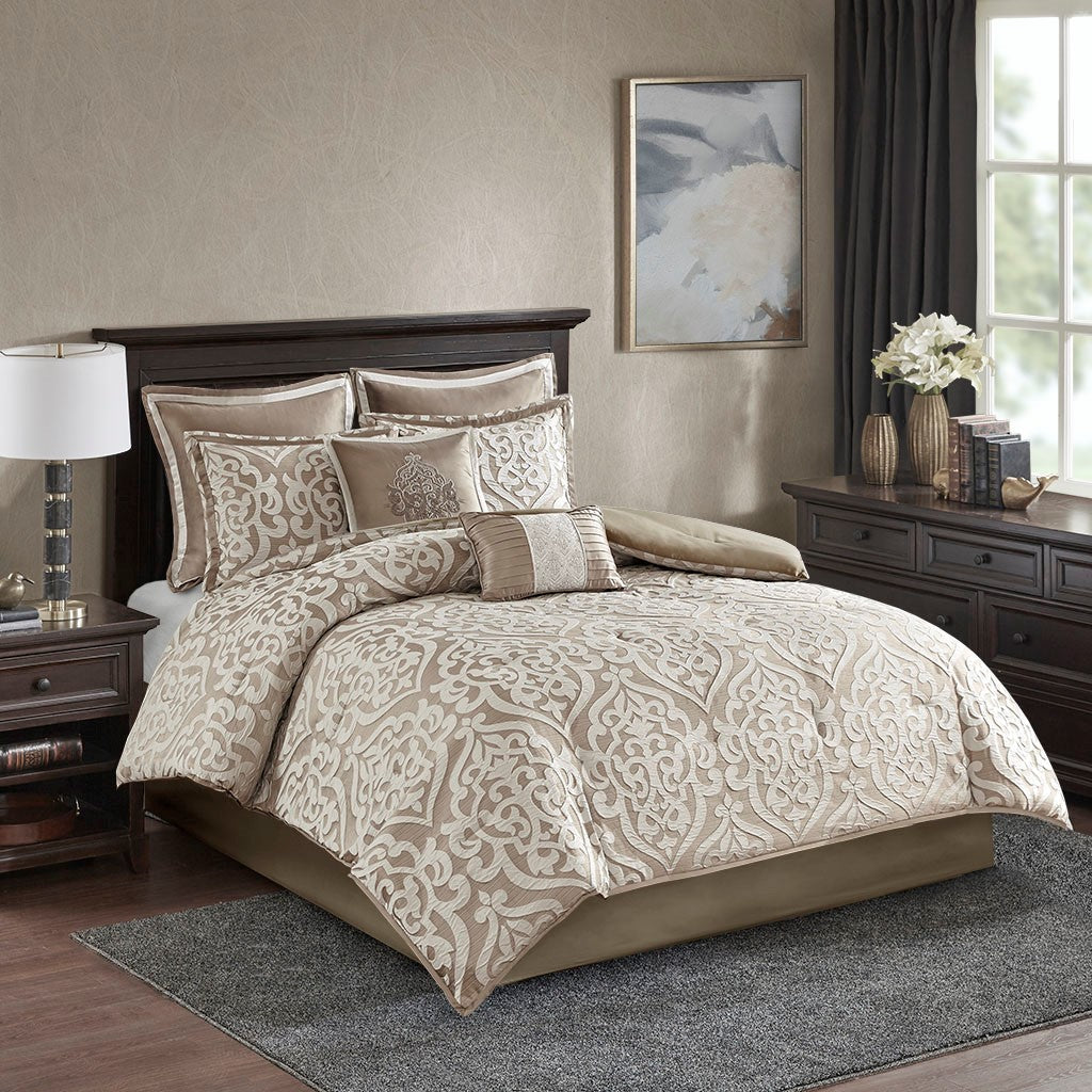 8 Piece Jacquard Comforter Set Tan/Ivory King