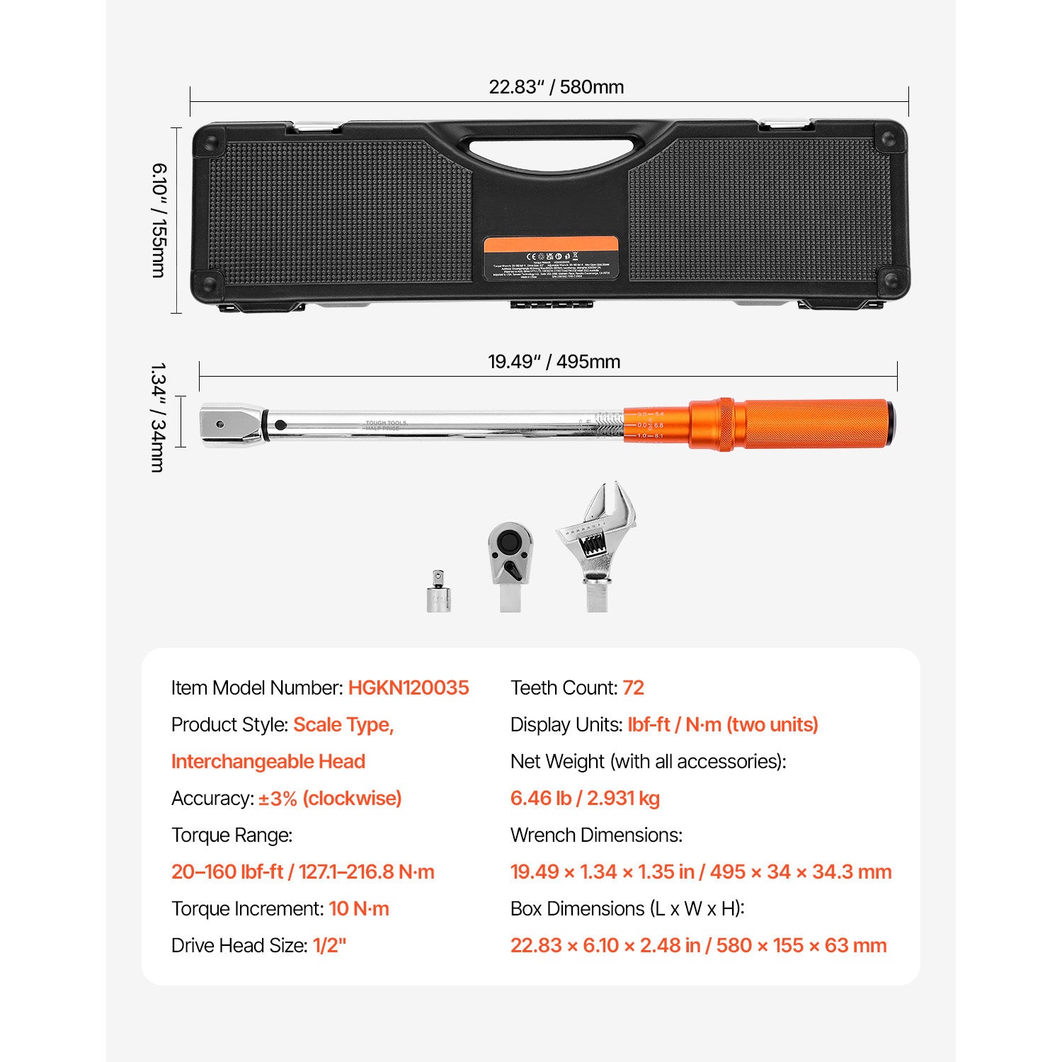 Adjustable Click Torque Wrench 1/2 Inch Drive 20-160 lbf-ft / 27.1-216.8 N.m
