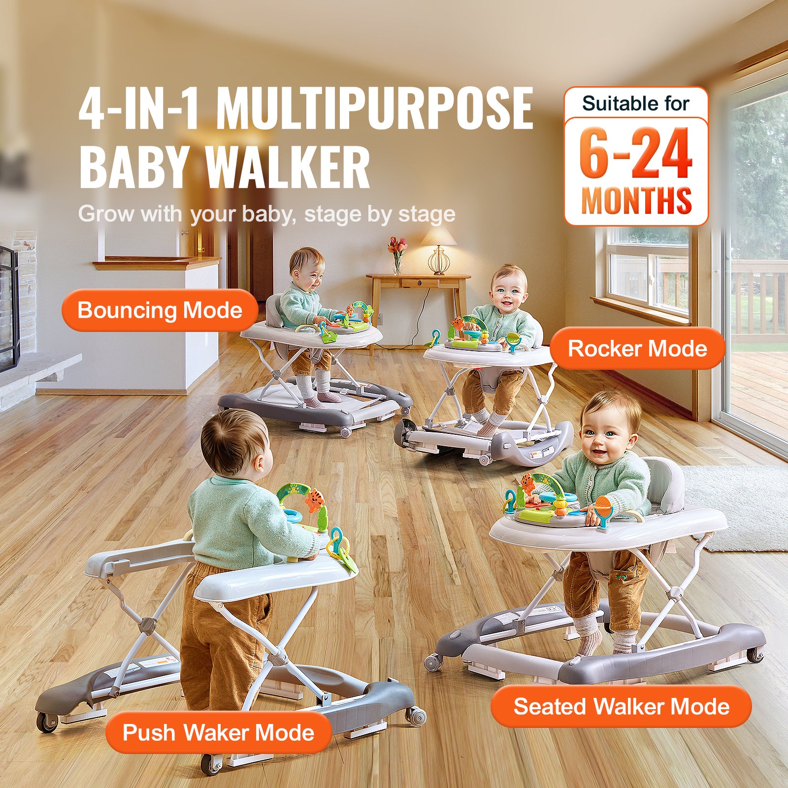 4-in-1 Baby Walker, Foldable Baby Activity Center on Wheels, 3 Adjustable Height, Music & Toys Tray, Learning-Seated,Walk-Behind,Rocker,Bouncer Toddler Walker for Girls Boys 6-24 Months