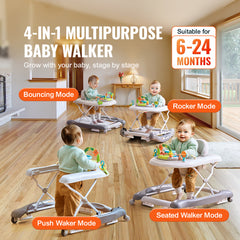 4-in-1 Baby Walker, Foldable Baby Activity Center on Wheels, 3 Adjustable Height, Music & Toys Tray, Learning-Seated,Walk-Behind,Rocker,Bouncer Toddler Walker for Girls Boys 6-24 Months