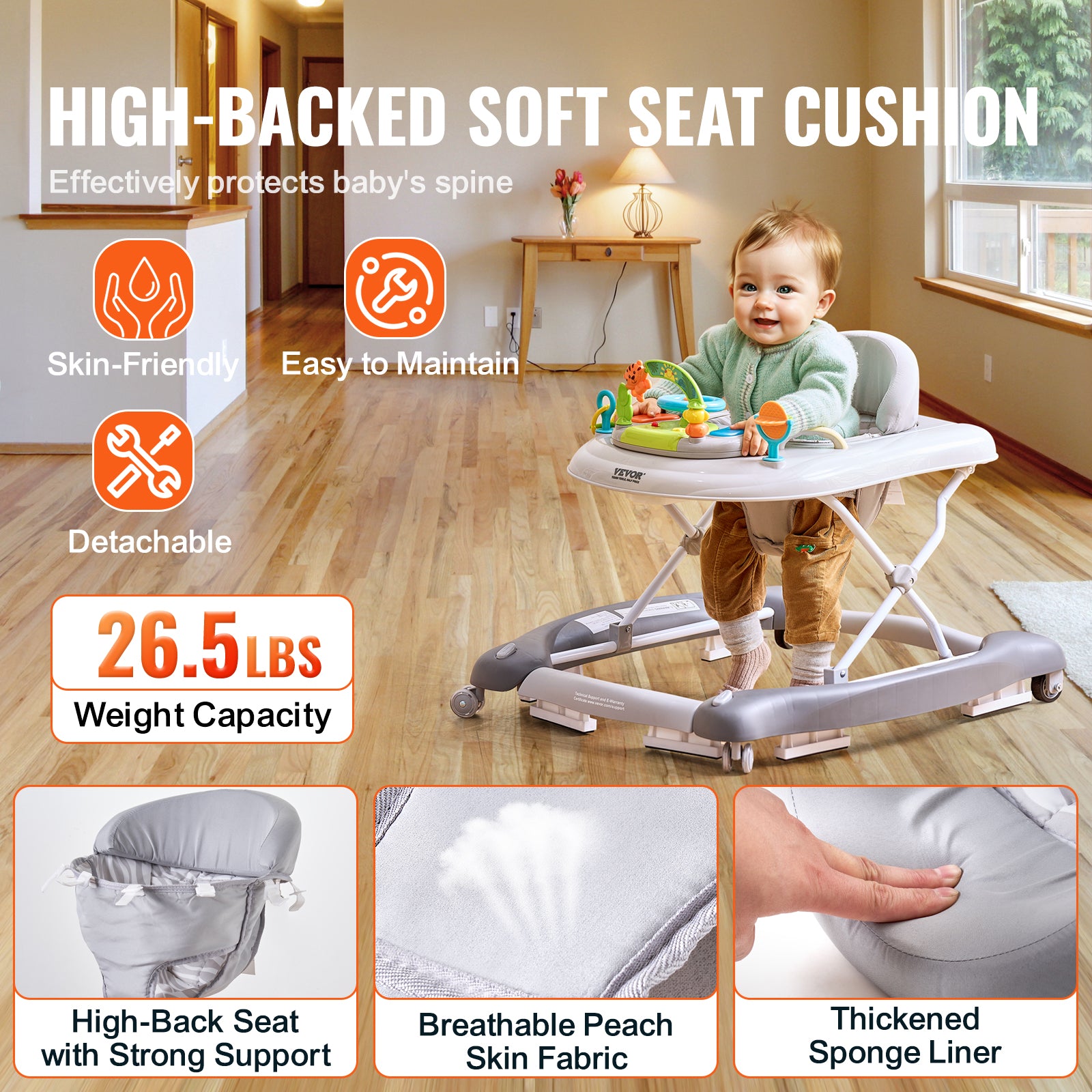 4-in-1 Baby Walker, Foldable Baby Activity Center on Wheels, 3 Adjustable Height, Music & Toys Tray, Learning-Seated,Walk-Behind,Rocker,Bouncer Toddler Walker for Girls Boys 6-24 Months