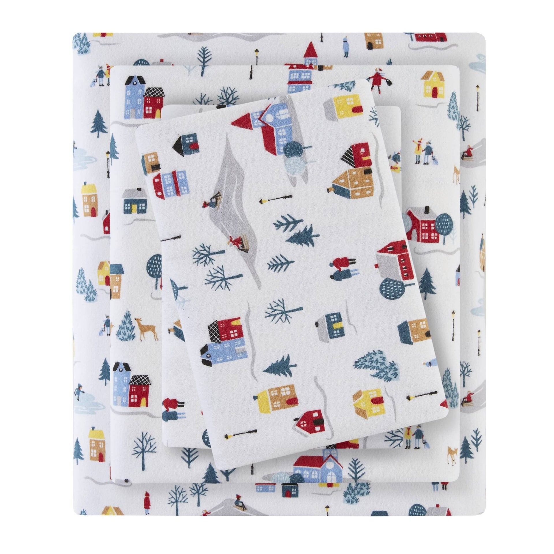 3 PCS Twin XL Printed Sheet Set White Village Print