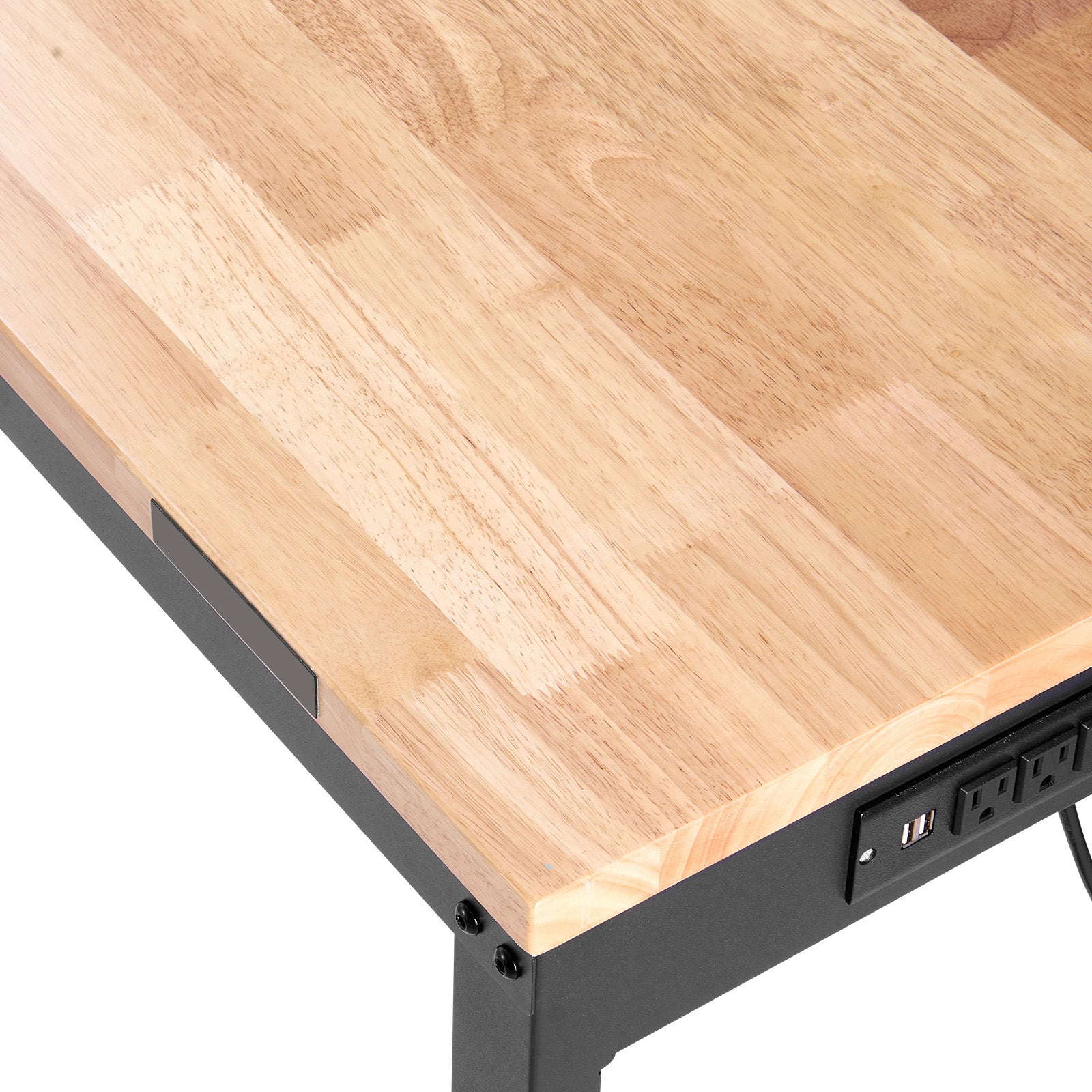 Workbench Adjustable Height, 61" x 20" Garage Table w/ 27.1" - 36" Heights & 2000 LBS Load Capacity, with Power Outlets & Hardwood Top & Metal Frame & Foot Pads, for Workshop Office Home