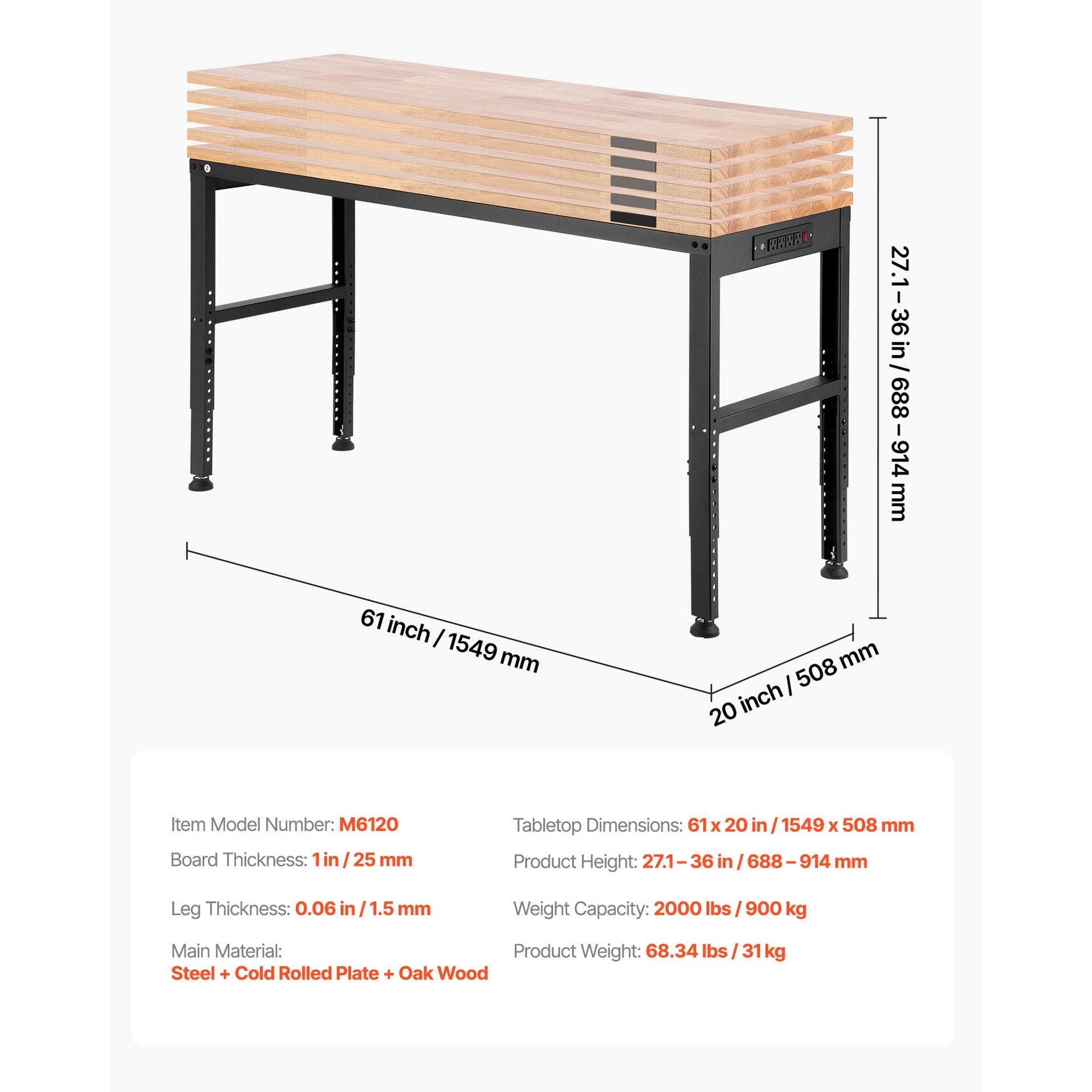 Workbench Adjustable Height, 61" x 20" Garage Table w/ 27.1" - 36" Heights & 2000 LBS Load Capacity, with Power Outlets & Hardwood Top & Metal Frame & Foot Pads, for Workshop Office Home