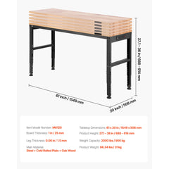 Workbench Adjustable Height, 61" x 20" Garage Table w/ 27.1" - 36" Heights & 2000 LBS Load Capacity, with Power Outlets & Hardwood Top & Metal Frame & Foot Pads, for Workshop Office Home