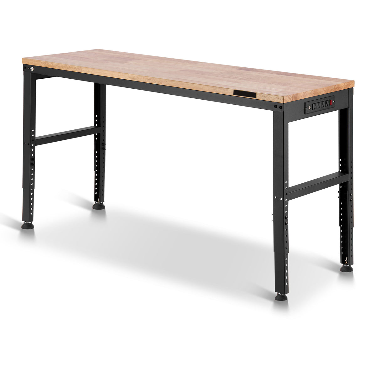 Workbench Adjustable Height, 61" x 20" Garage Table w/ 27.1" - 36" Heights & 2000 LBS Load Capacity, with Power Outlets & Hardwood Top & Metal Frame & Foot Pads, for Workshop Office Home