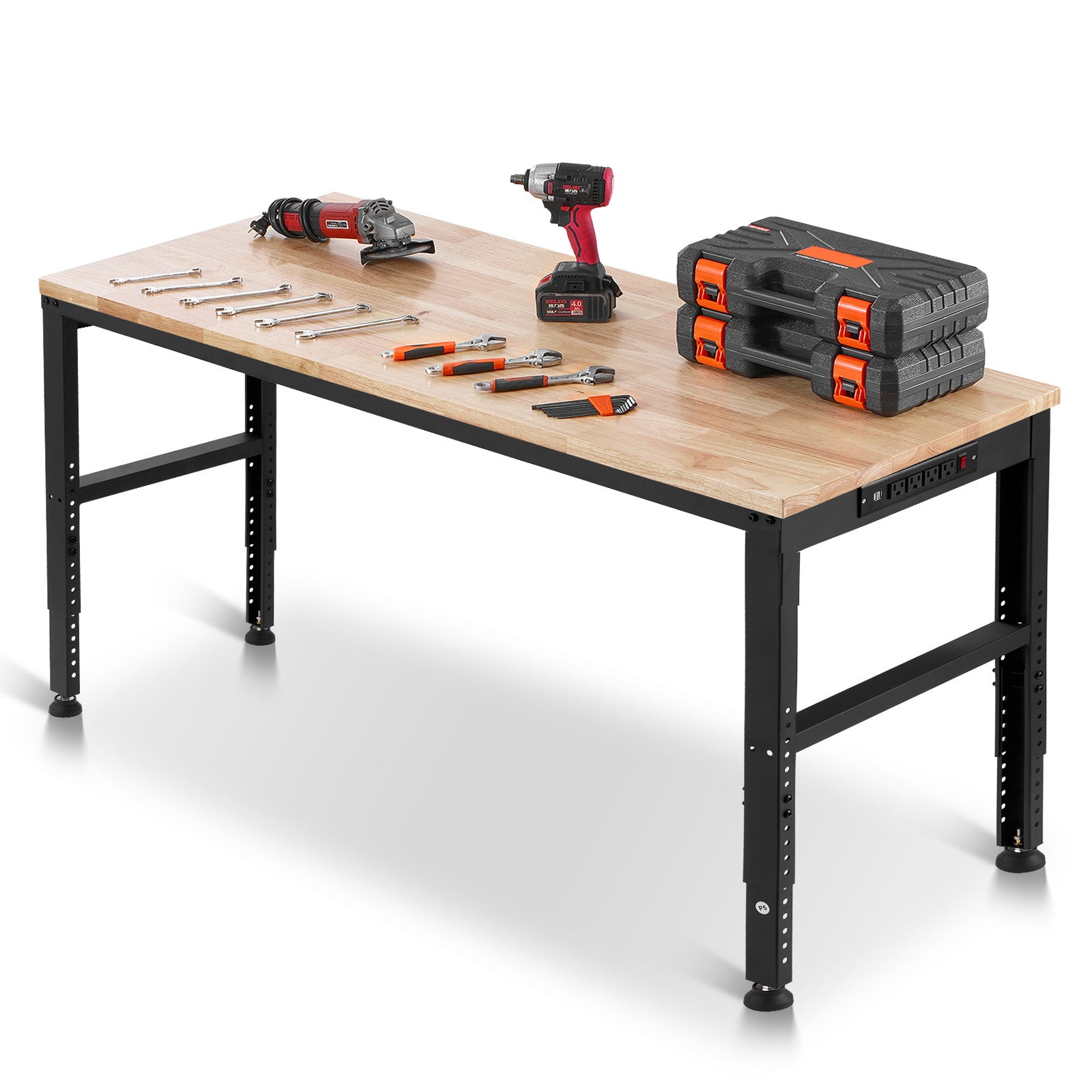 Workbench Adjustable Height, 61" x 20" Garage Table w/ 27.1" - 36" Heights & 2000 LBS Load Capacity, with Power Outlets & Hardwood Top & Metal Frame & Foot Pads, for Workshop Office Home
