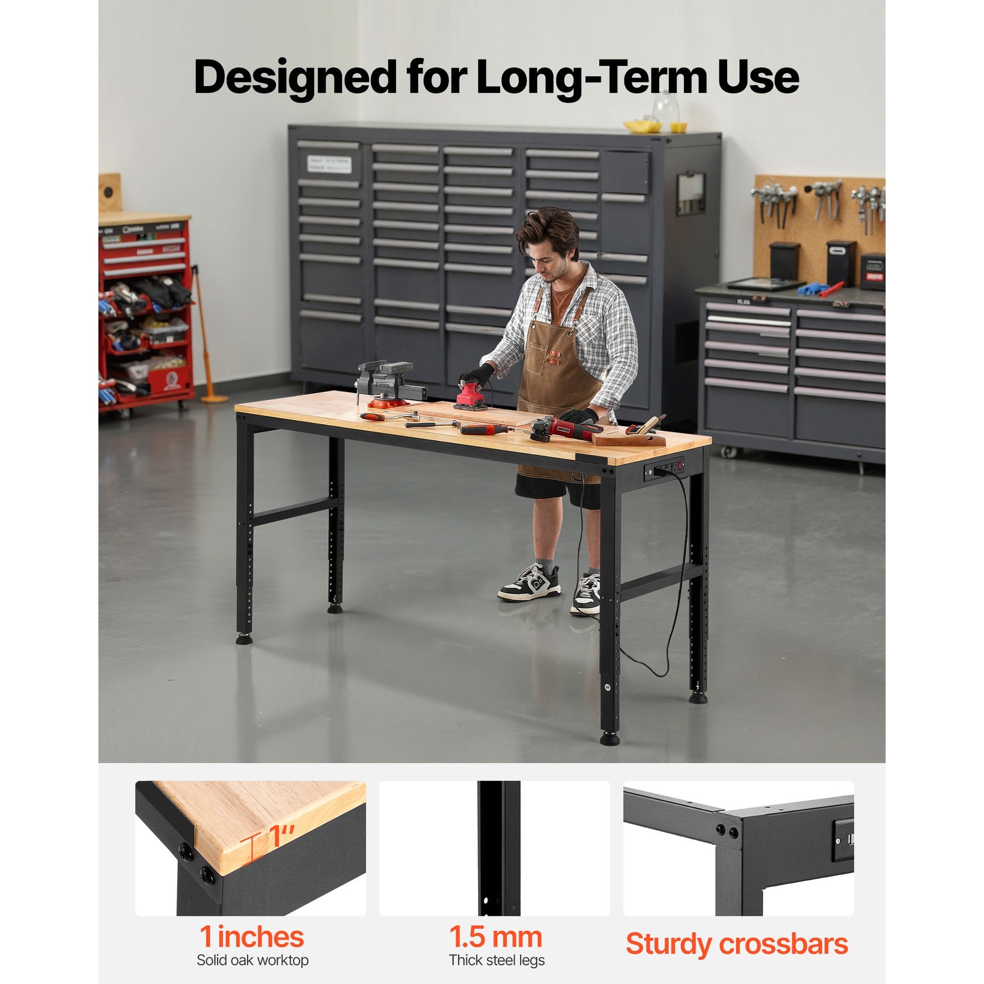 Workbench Adjustable Height, 61" x 20" Garage Table w/ 27.1" - 36" Heights & 2000 LBS Load Capacity, with Power Outlets & Hardwood Top & Metal Frame & Foot Pads, for Workshop Office Home