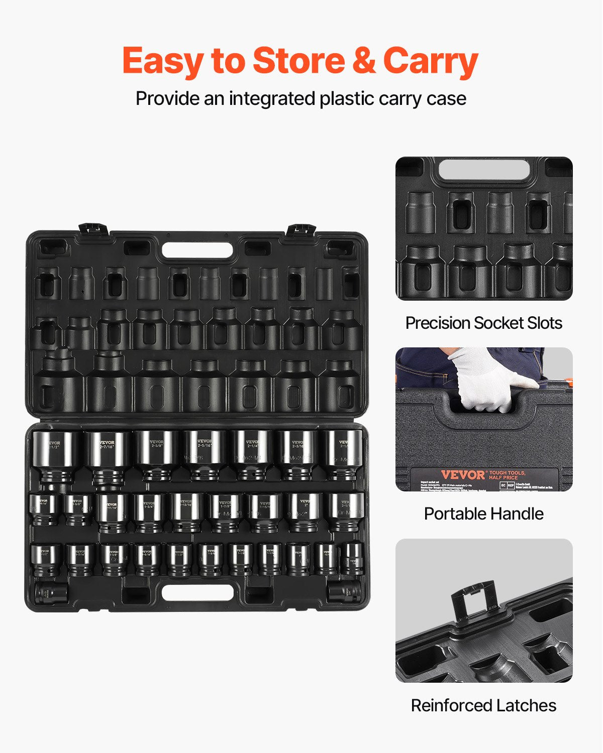 Impact Socket Set 3/4 Inches 29 Piece Impact Sockets, 6-Point Sockets, Rugged Construction, CR-M0, 3/4 Inches Drive Socket Set Impact SAE 3/4 inch - 2-1/2 inch, with a Storage Cage