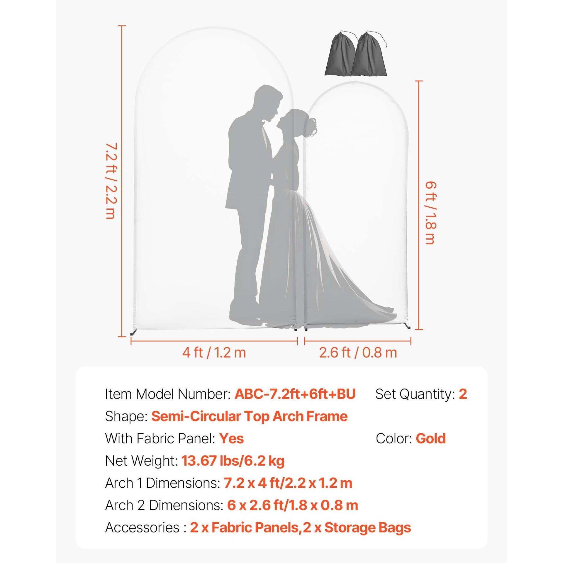 Arch Backdrop Stand, Set of 2, 7.2 ft and 6 ft, Stable Structure, Easy Assembly, Gold Metal Arch Backdrop Stand with Cover for Wedding, Birthday Party, Celebration, and Ceremony Decoration