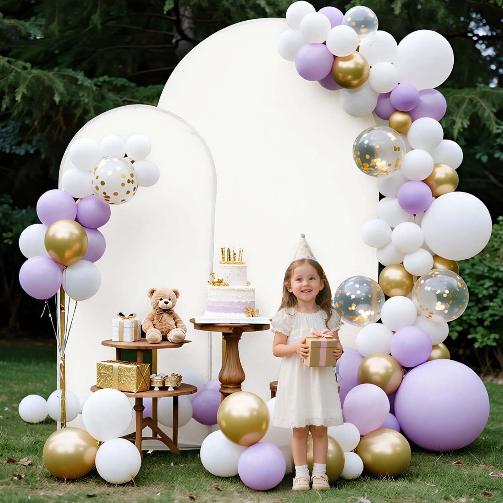 Arch Backdrop Stand, Set of 2, 7.2 ft and 6 ft, Stable Structure, Easy Assembly, Gold Metal Arch Backdrop Stand with Cover for Wedding, Birthday Party, Celebration, and Ceremony Decoration