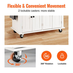 Kitchen Island Cart with Solid Wood Top, 35.4" Width Mobile Carts with Storage Cabinet, Rolling Kitchen Table with Spice Rack, Towel Rack, and Drawer, Portable Islands on Wheels, White