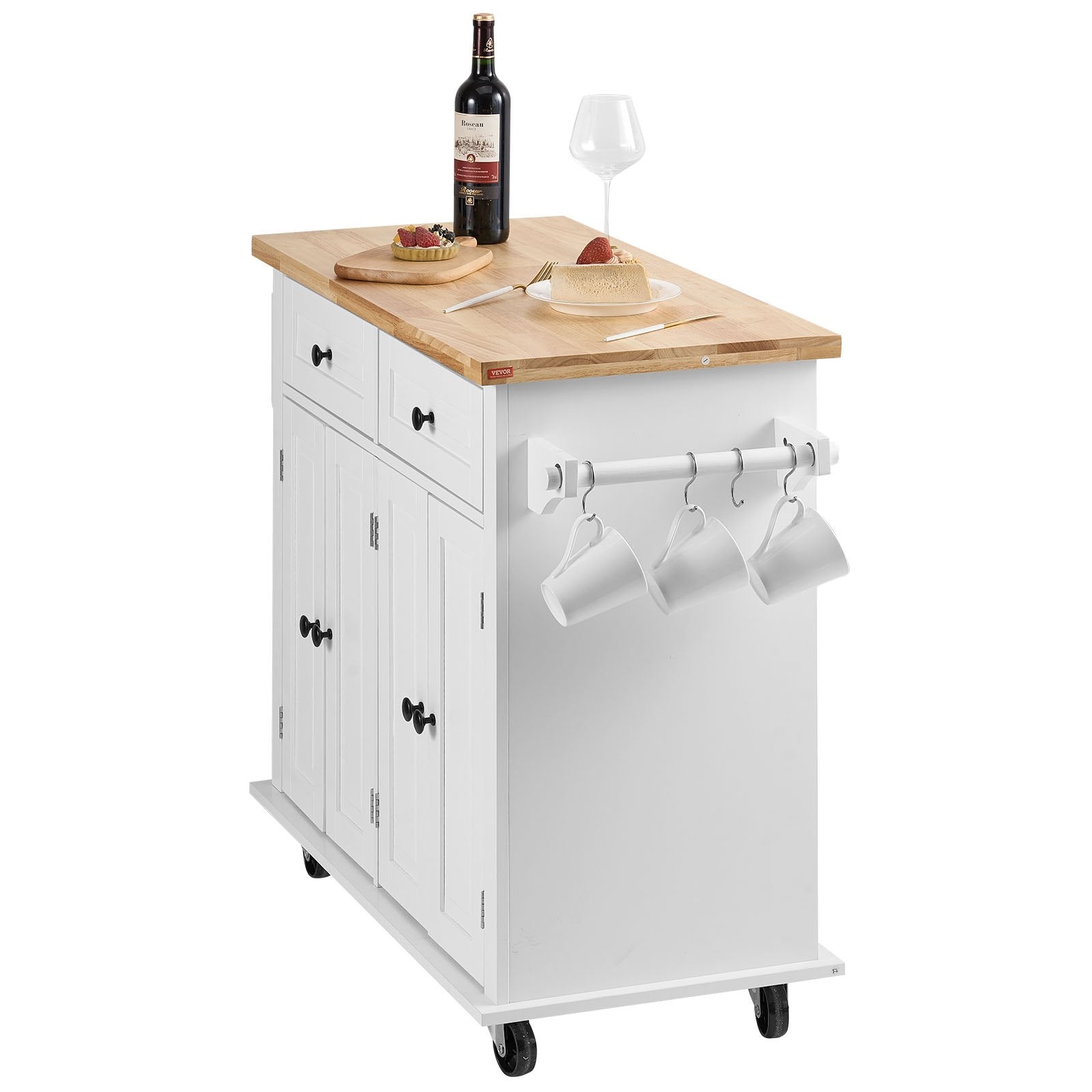 Kitchen Island Cart with Solid Wood Top, 35.4" Width Mobile Carts with Storage Cabinet, Rolling Kitchen Table with Spice Rack, Towel Rack, and Drawer, Portable Islands on Wheels, White
