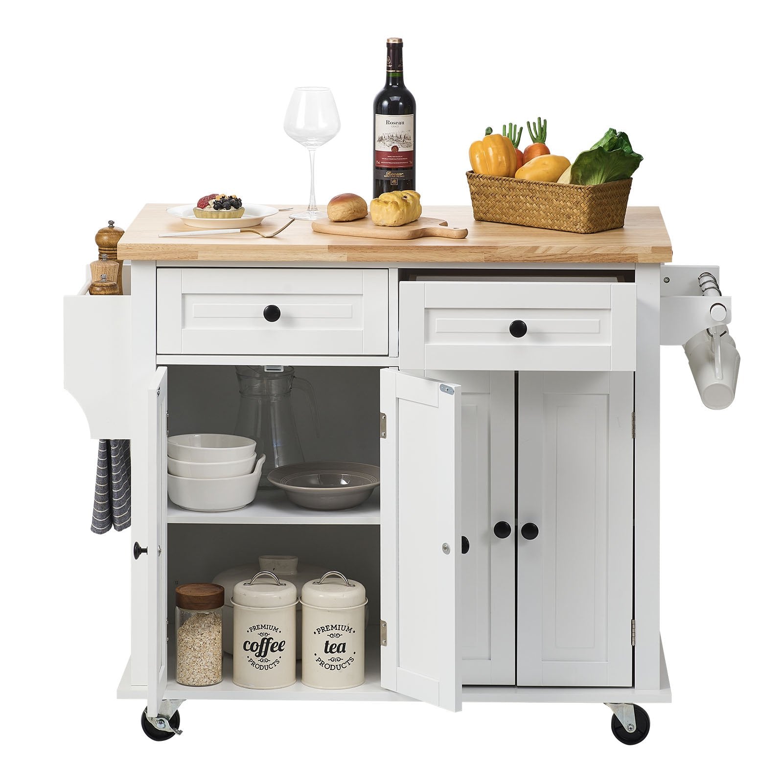 Kitchen Island Cart with Solid Wood Top, 35.4" Width Mobile Carts with Storage Cabinet, Rolling Kitchen Table with Spice Rack, Towel Rack, and Drawer, Portable Islands on Wheels, White