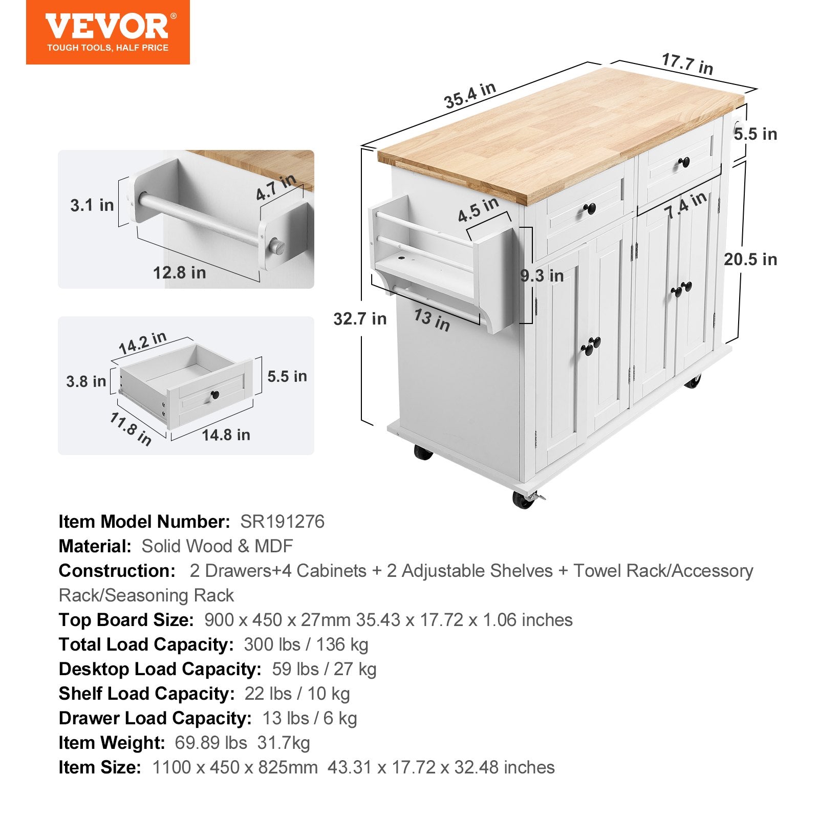 Kitchen Island Cart with Solid Wood Top, 35.4" Width Mobile Carts with Storage Cabinet, Rolling Kitchen Table with Spice Rack, Towel Rack, and Drawer, Portable Islands on Wheels, White