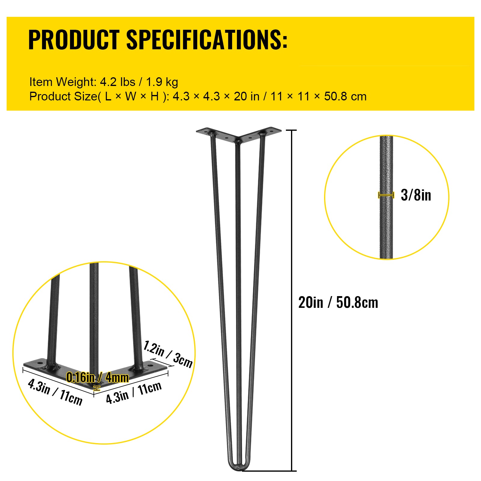 Hairpin Table Legs 20" Black Set of 4 Desk Legs 880lbs Load Capacity (Each 220lbs) Hairpin Desk Legs 3 Rods for Bench Desk Dining End Table Chairs Carbon Steel DIY Heavy Duty Furniture Legs