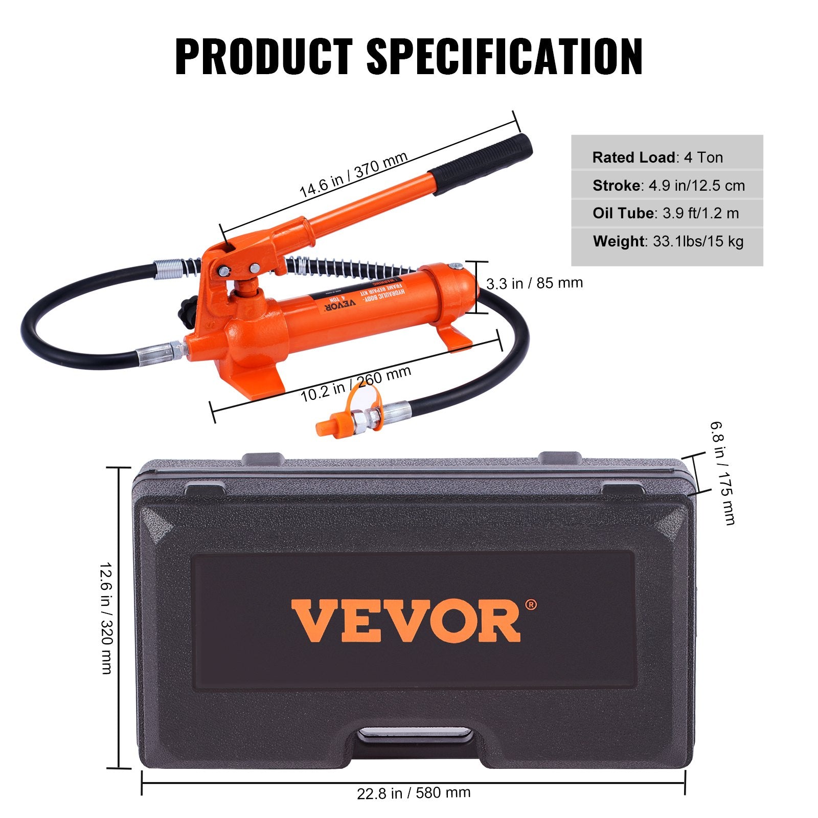 4 Ton/8800 LBS Porta Power, Portable Hydraulic Ram with 3.9 ft/1.2 m Oil Hose, Auto Body Frame Repair Kit with Storage Case for Car Repair, Truck, Farm
