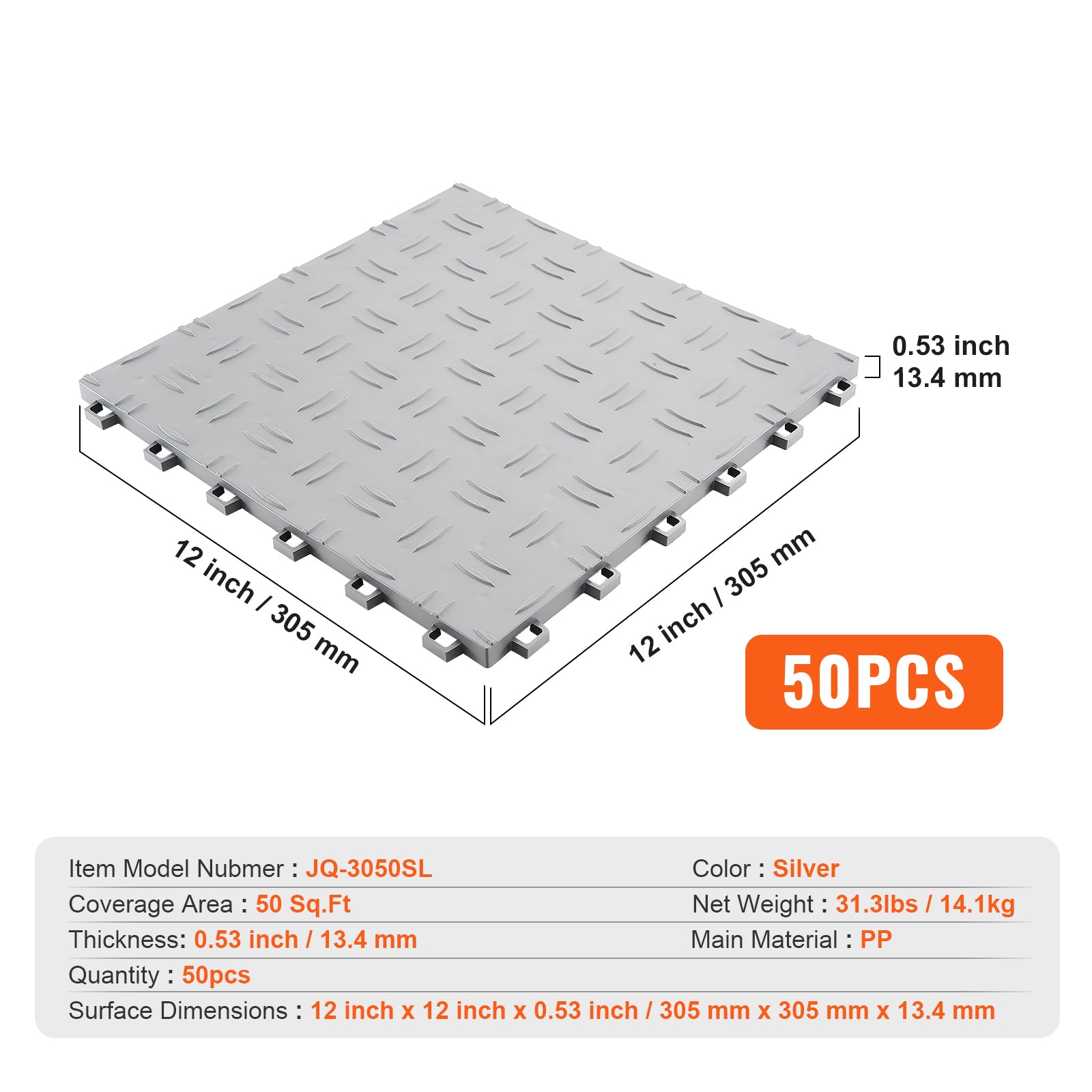 Garage Tiles Interlocking, 12 x 12 x 0.53 inch 50 Pack Garage Floor Covering Tiles, Non-Slip Double-Sided Texture Garage Flooring Tiles, for Garages, Basements, Repair Shops, Silver